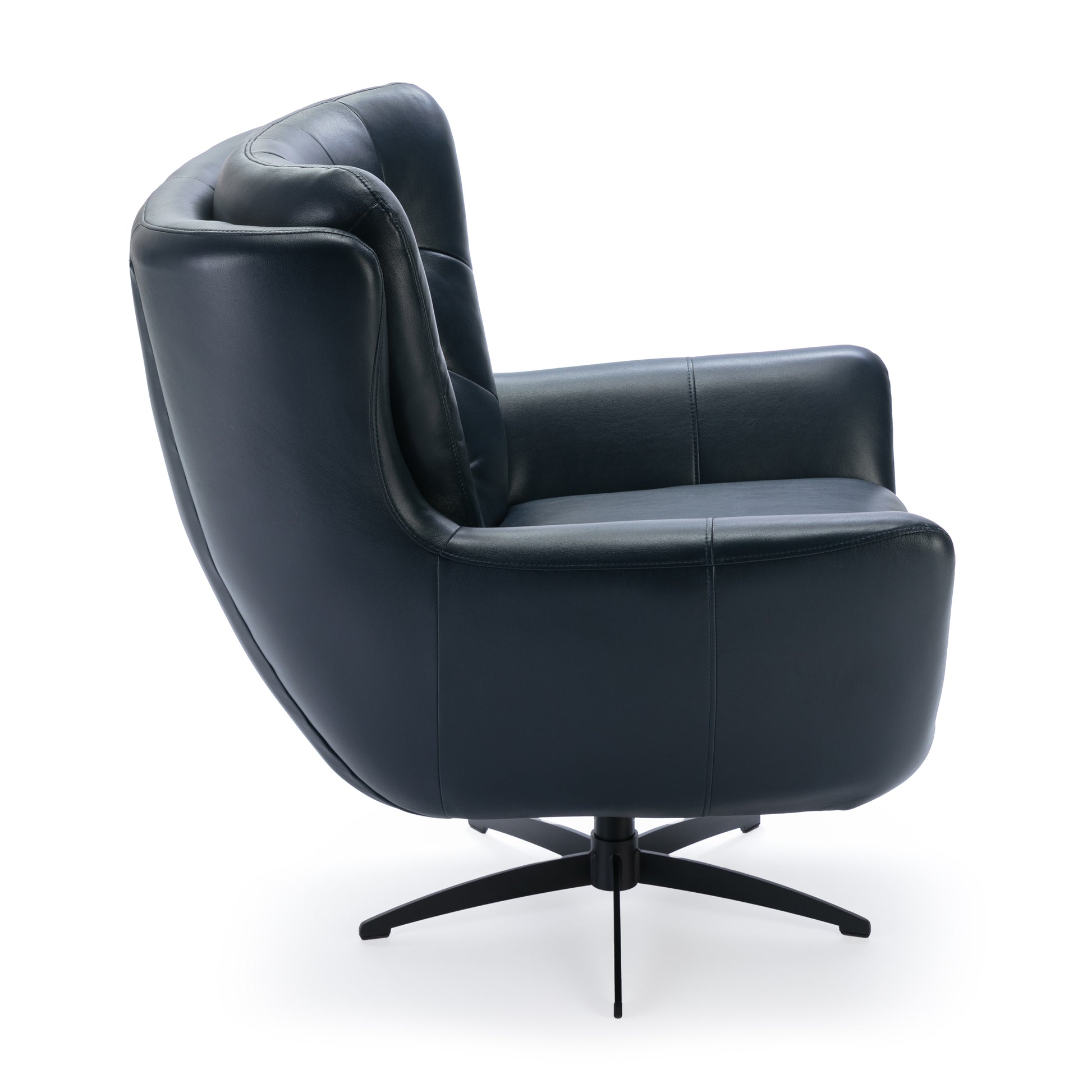 Dark navy leather swivel armchair with tufted back and modern star base