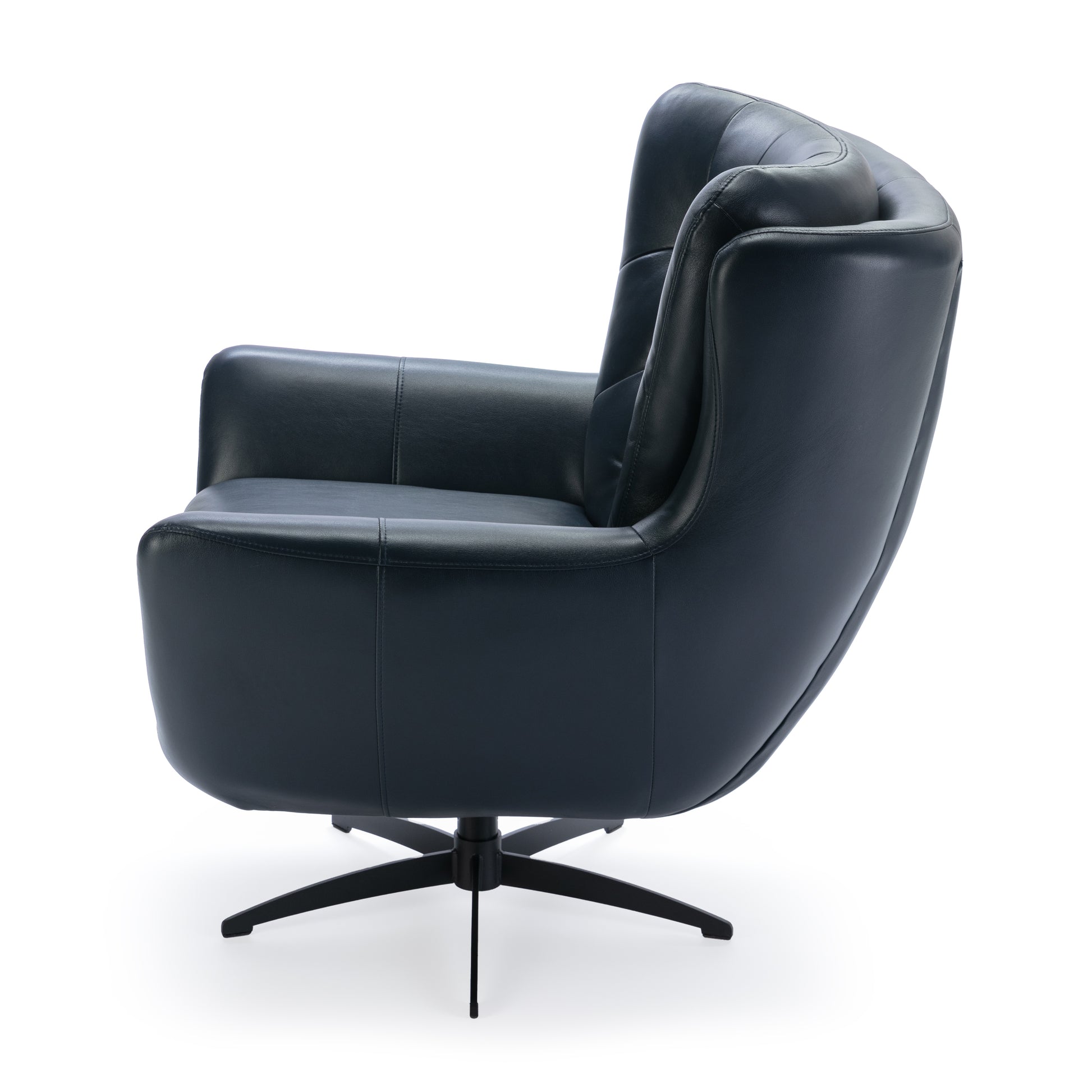 Dark blue swivel armchair in soft leather with tufted back and metal base