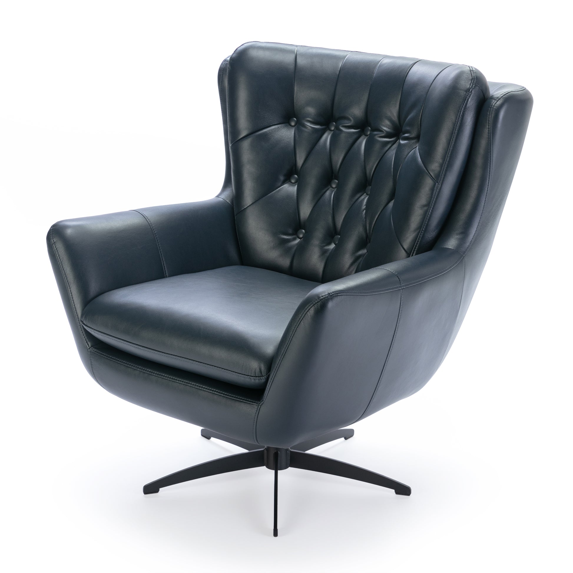 Dark blue leather swivel chair with diamond tufting on the backrest