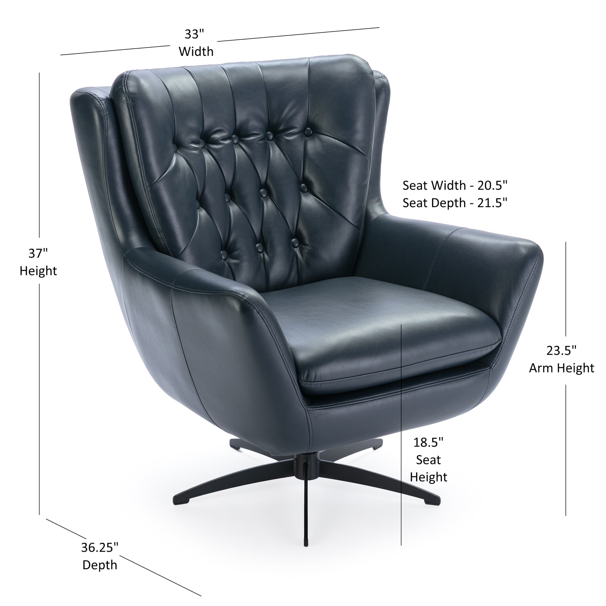 Tufted navy blue leather swivel chair with wingback design and black metal base