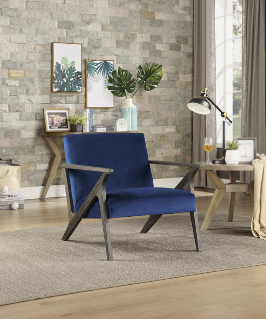 Deep blue velvet accent chair with modern gray wood frame