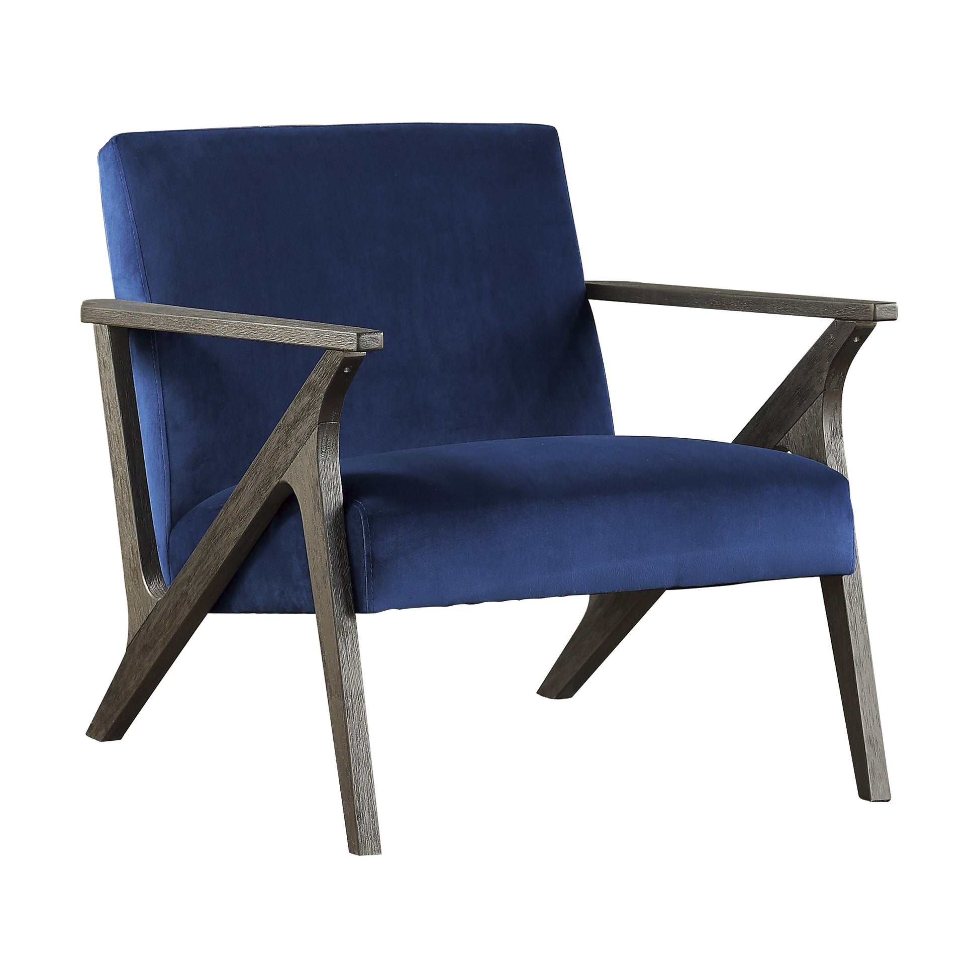 Deep blue velvet armchair with modern angled wooden frame