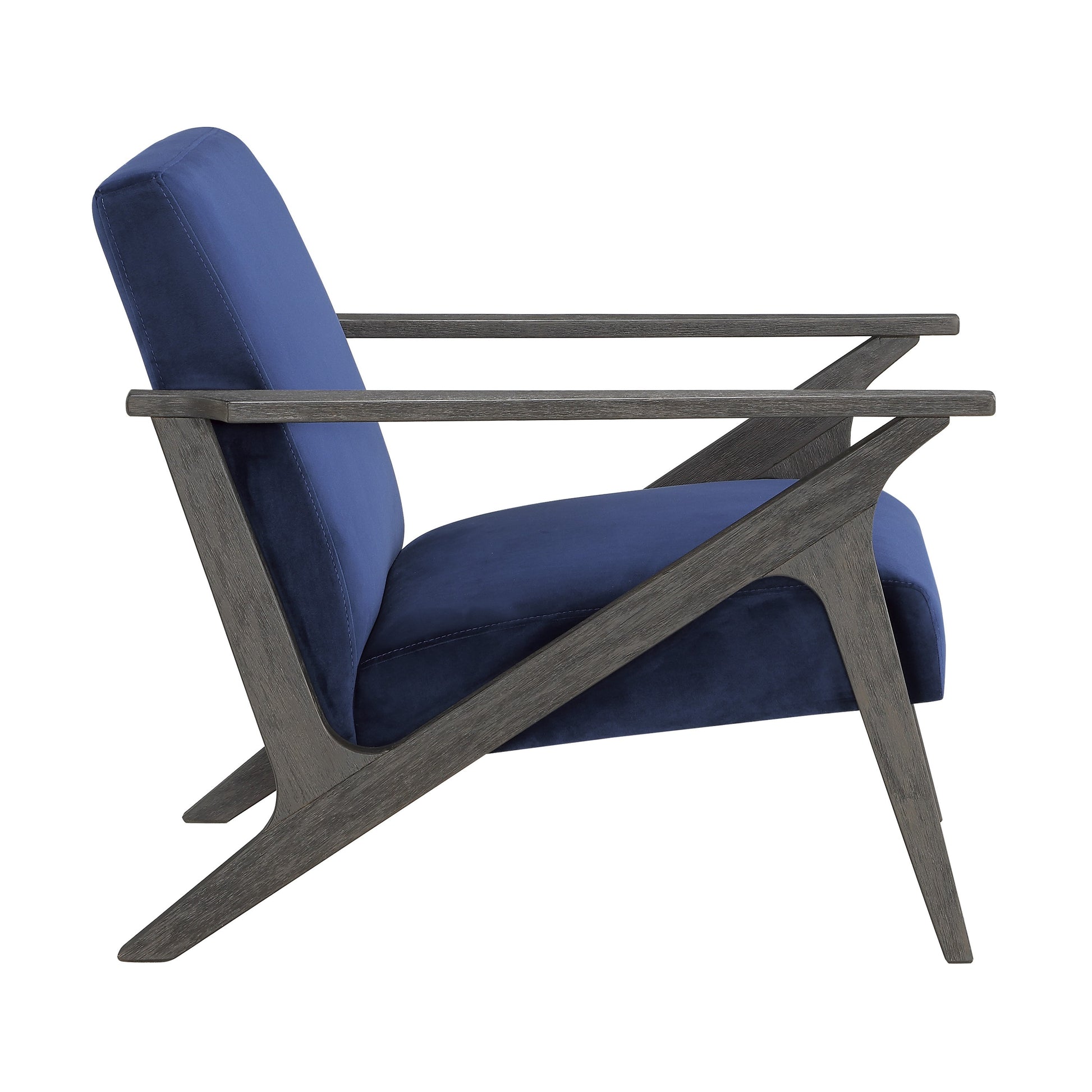 Deep blue velvet accent chair with modern grey wood frame
