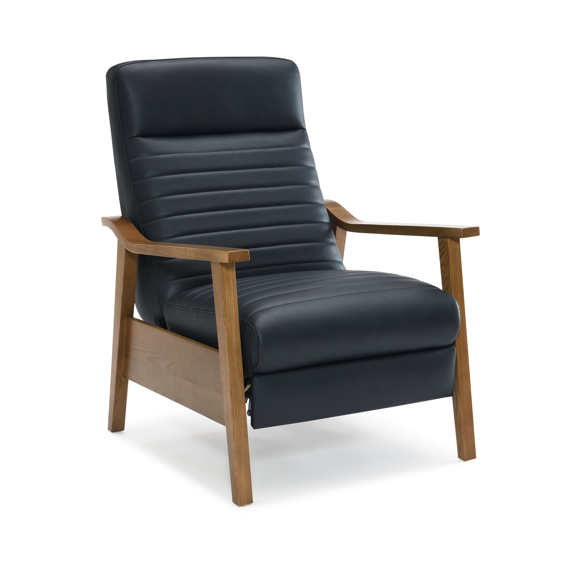 Black leather recliner chair with ribbed cushioning and wooden armrests