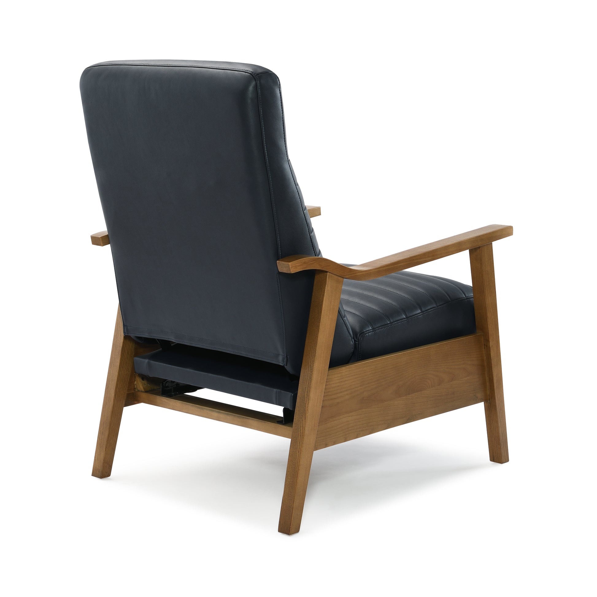 Dark grey leather armchair with natural wood frame and a modern design