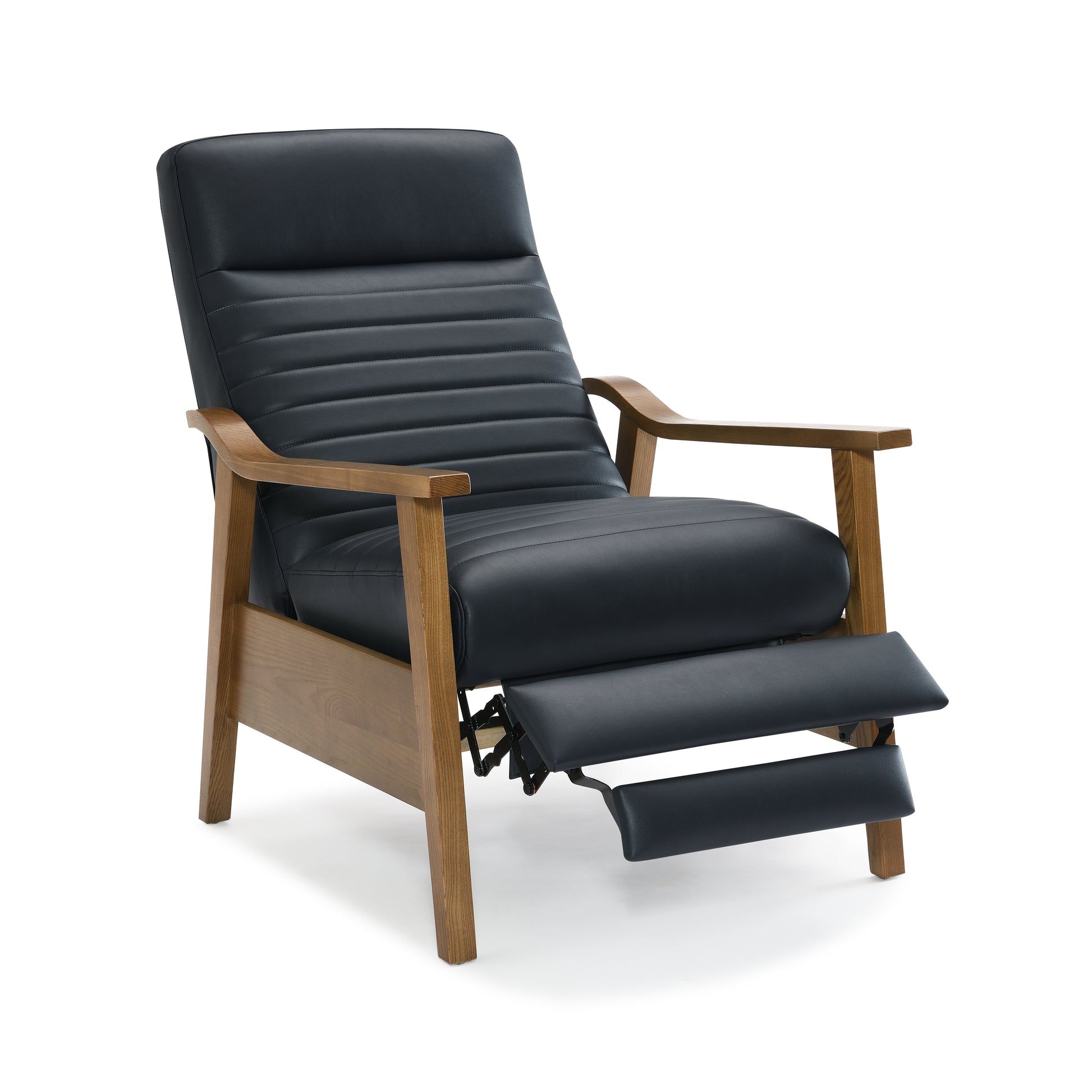 Black leather recliner with horizontal stitching and wooden armrests and legs