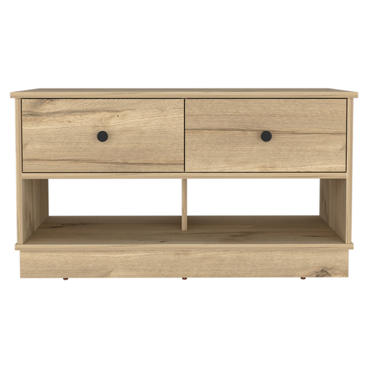 Modern oak veneer media console with two drawers and open shelving