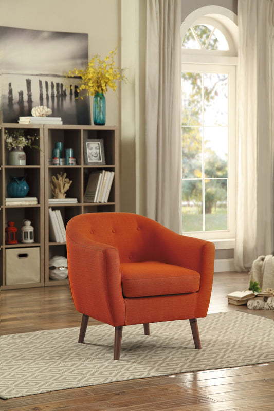Orange upholstered accent chair with button tufting and tapered wooden legs
