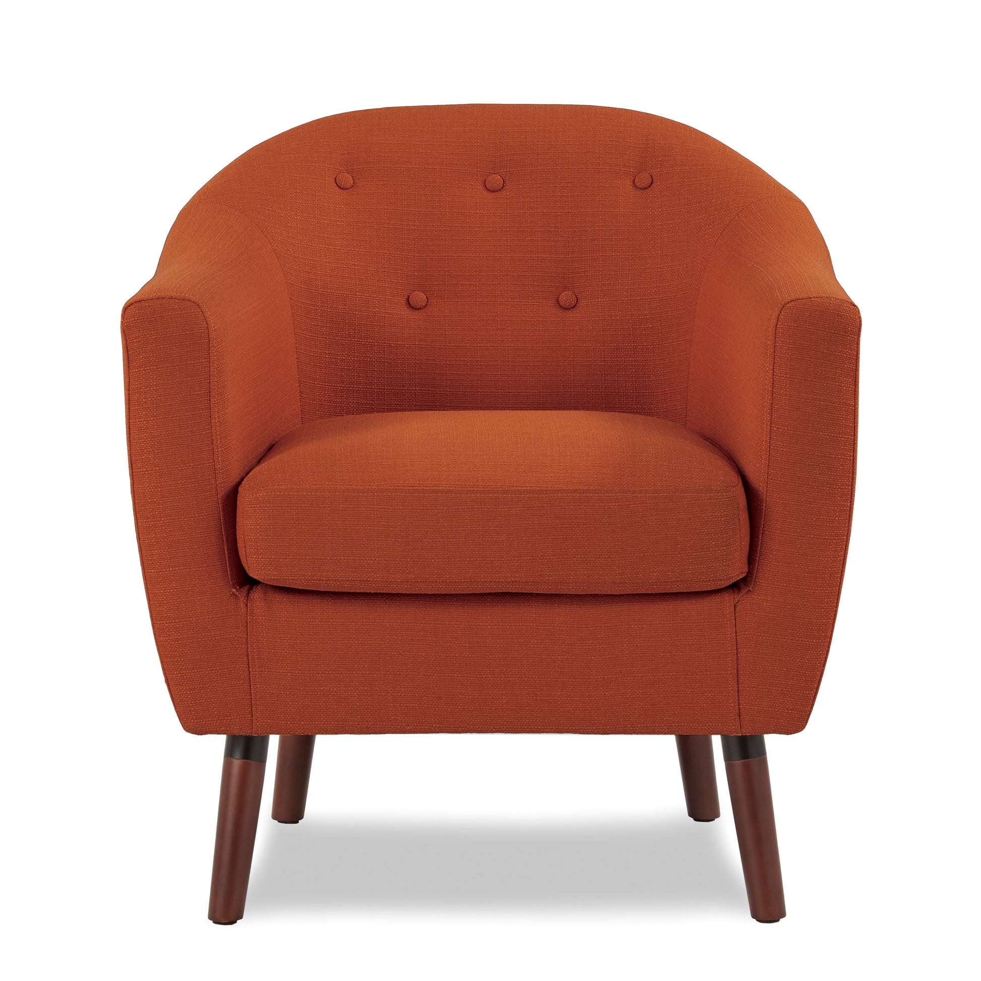 Orange tufted accent chair with textured fabric and dark wooden legs