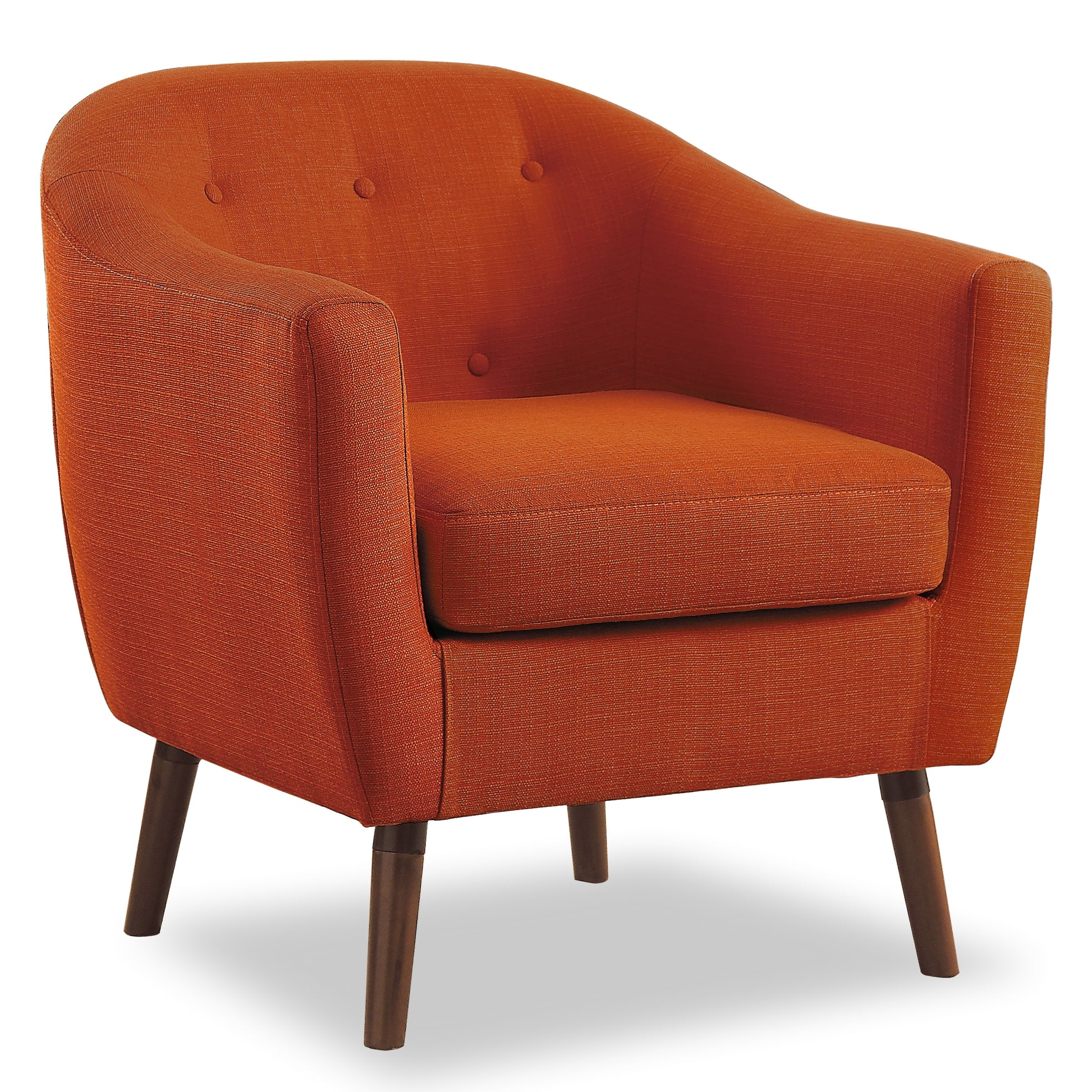 Orange textured accent chair with button tufting and dark wooden legs