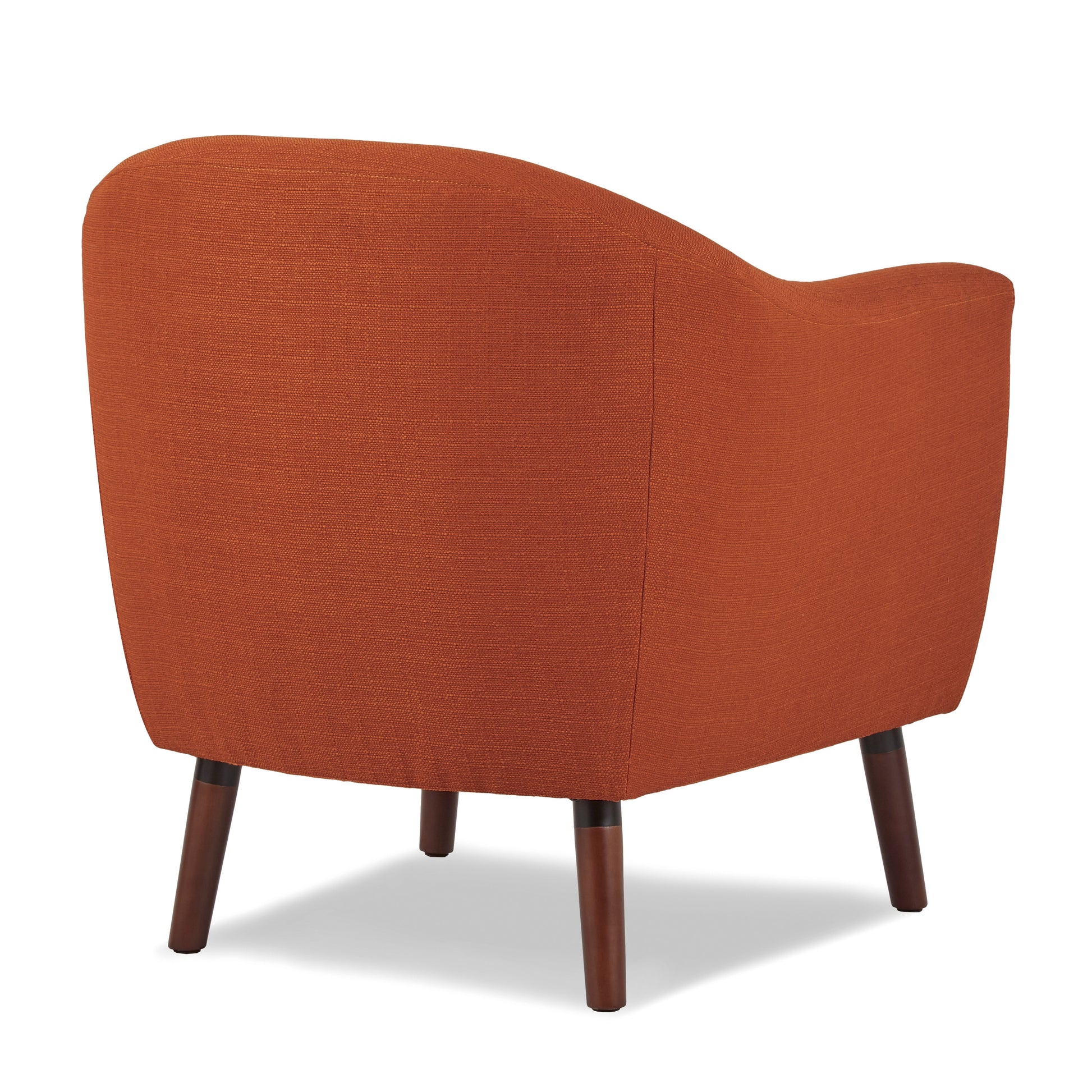 Back view of an upholstered orange accent chair with dark wood legs