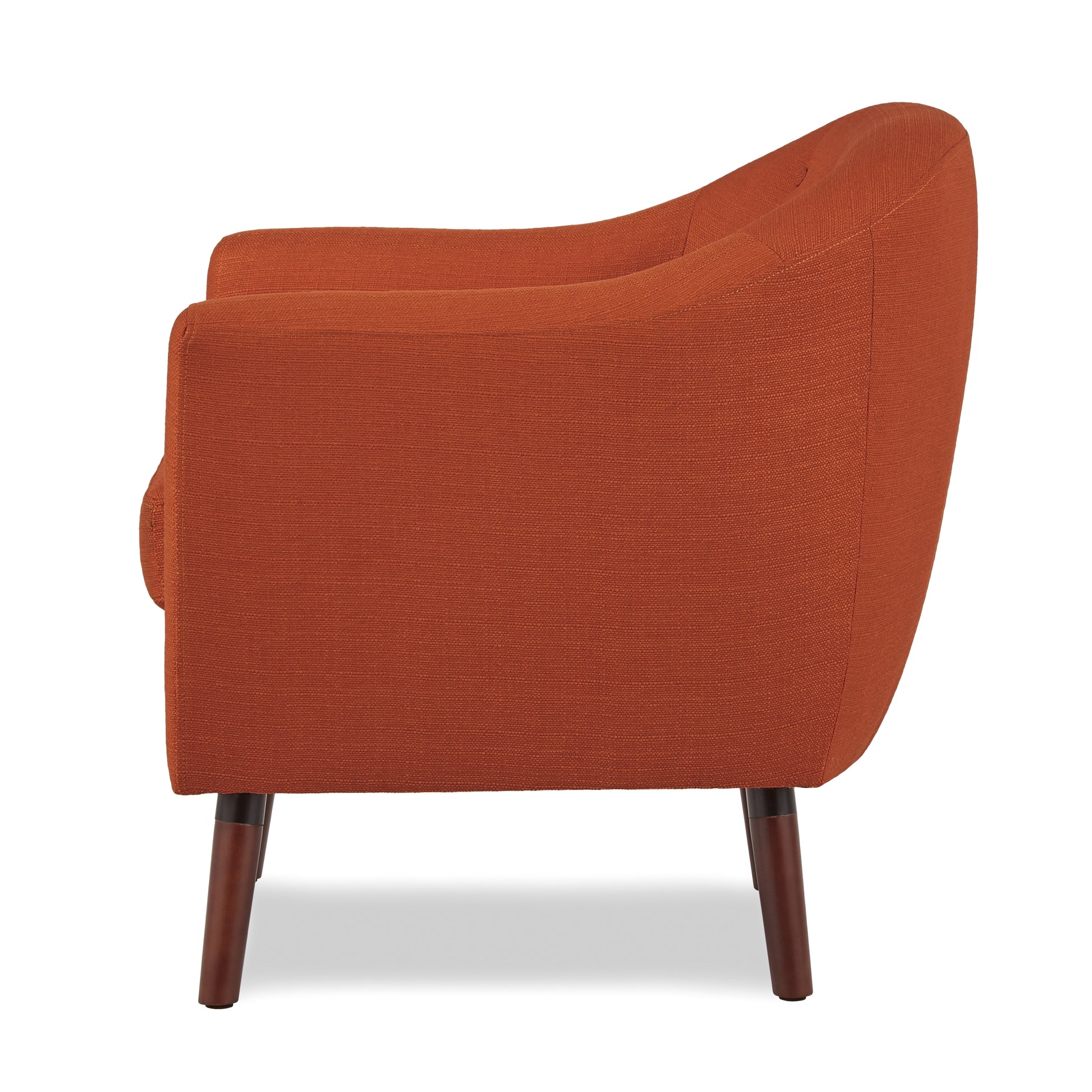 Terracotta textured fabric armchair with midcentury modern design and tapered wooden legs