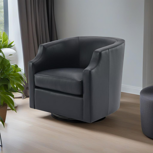 Modern dark gray leather swivel accent chair with plush seating