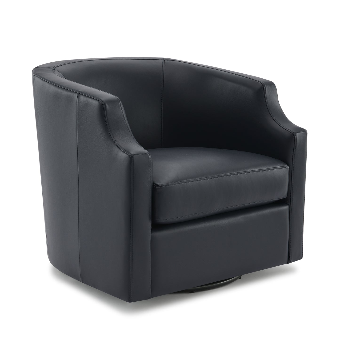 Black leather accent chair with curved back and swivel base
