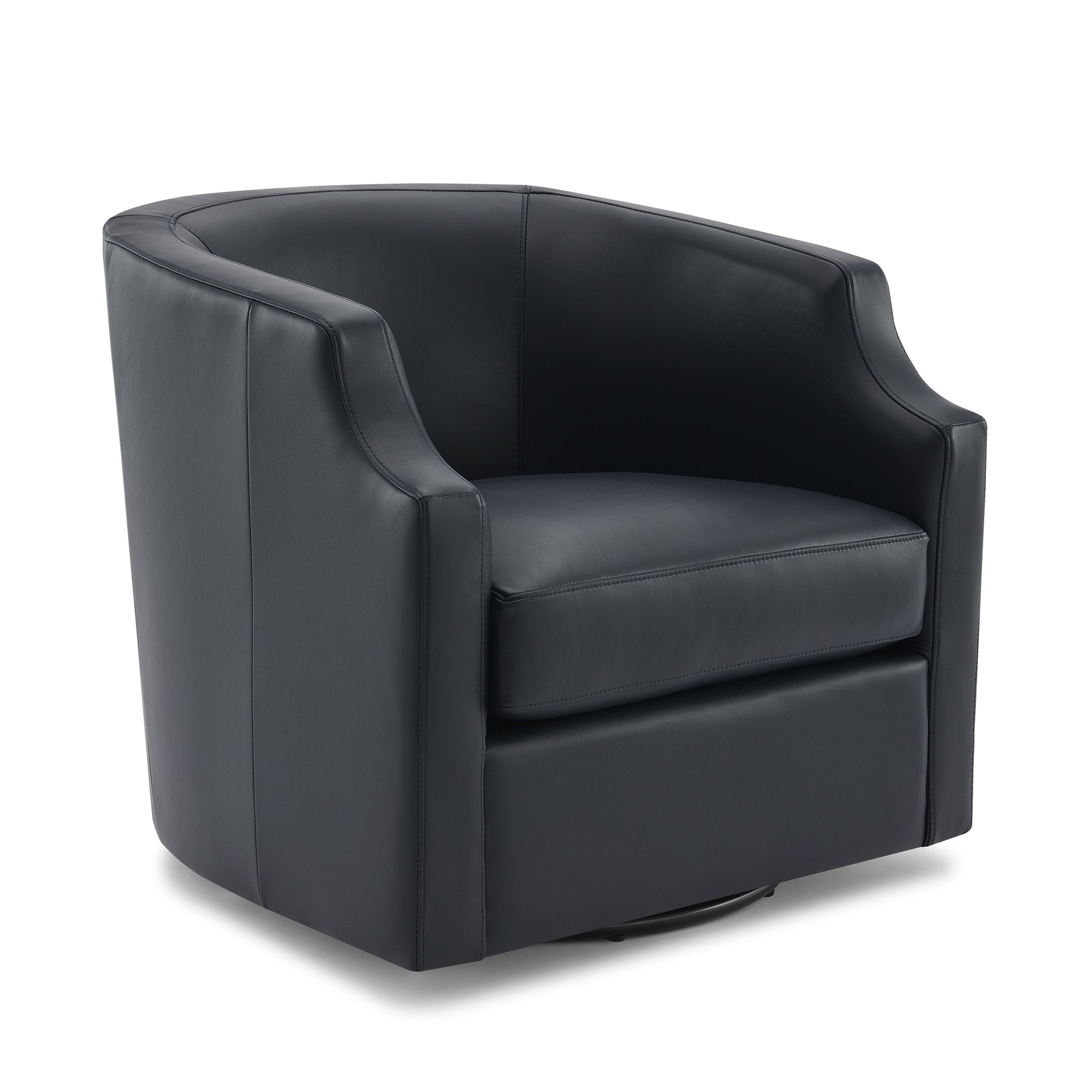 Black leather accent chair with curved back and swivel base