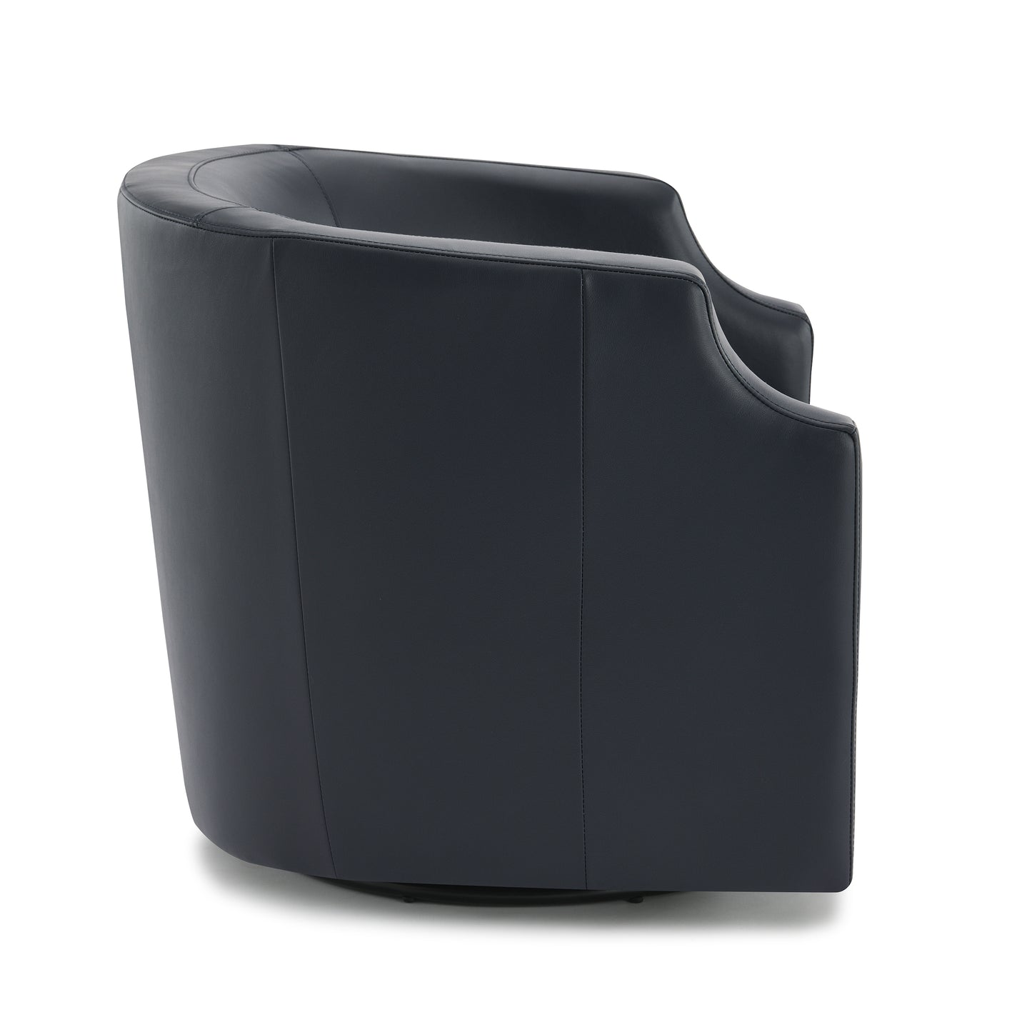 Dark grey leather accent chair with a curved back and subtle stitching detail