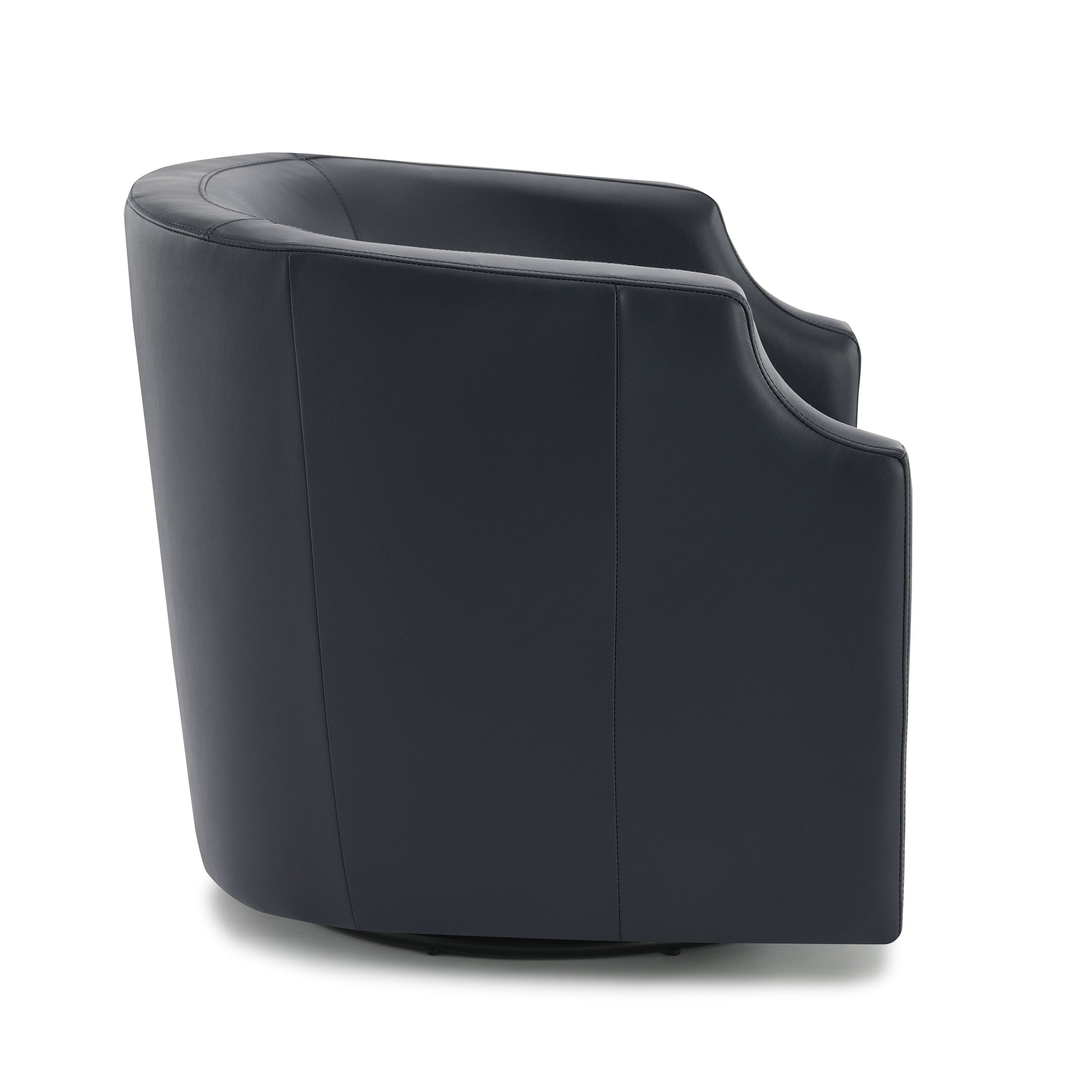 Dark grey leather accent chair with a curved back and subtle stitching detail