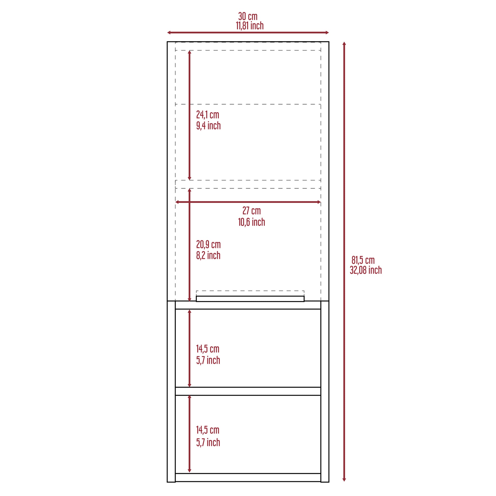 Diagram showing a white cabinet with dimensions labeled in cm and inches for overall height width and shelf depths
