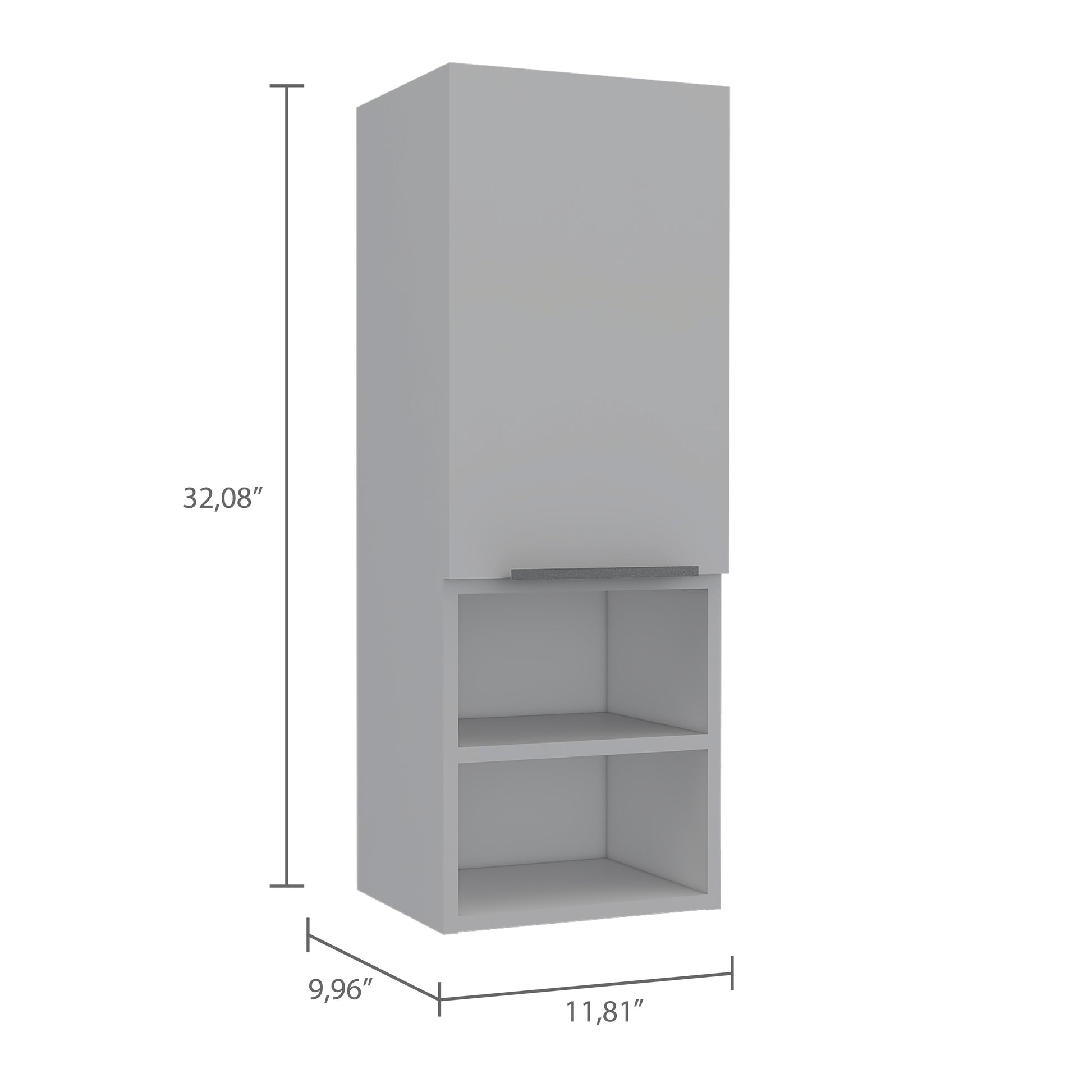 Gray modern wall cabinet with two open shelves and single door storage