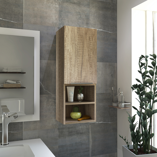 Wallmounted bathroom cabinet with rustic wood finish and open shelves for storage