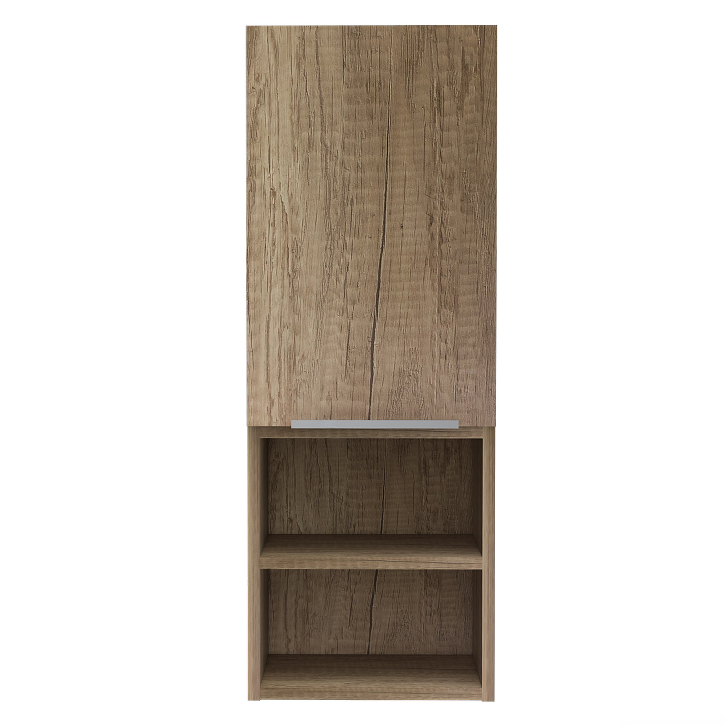 Tall wood grain storage cabinet with open shelves and a single door perfect for home organization