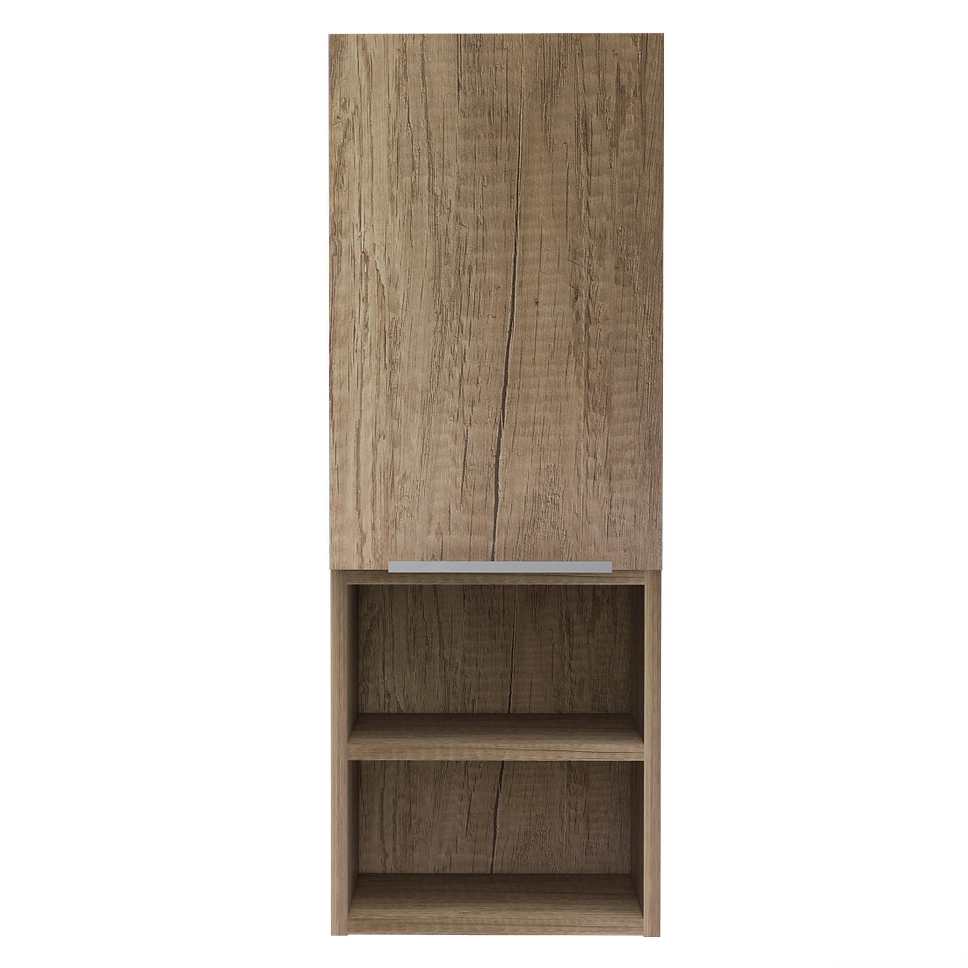 Tall wood grain storage cabinet with open shelves and a single door perfect for home organization