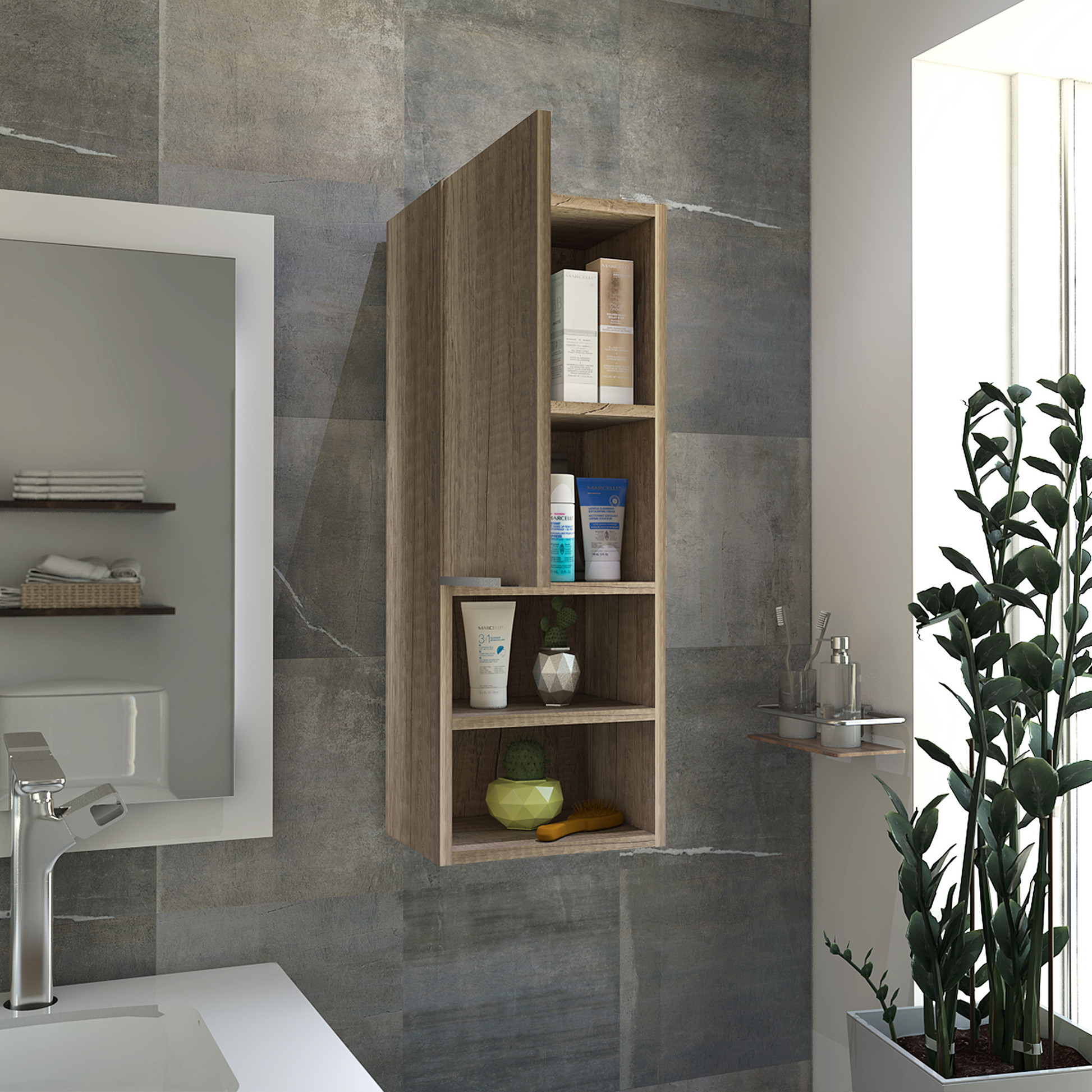Modern wooden bathroom cabinet with four open shelves holding toiletries and decorative items