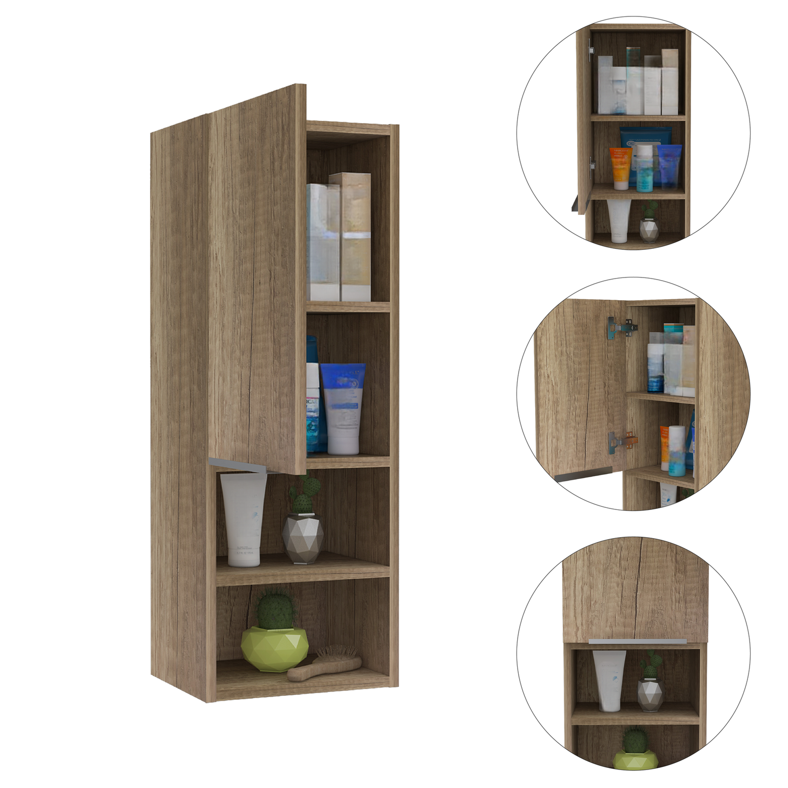 Tall wooden bathroom cabinet with open door displaying toiletries