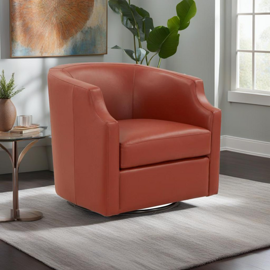 Terracotta upholstered swivel accent chair with a curved back and plush seating