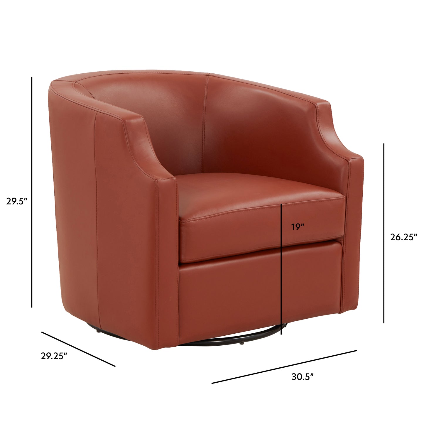 Terracotta leather swivel accent chair with curved arms and clean stitching