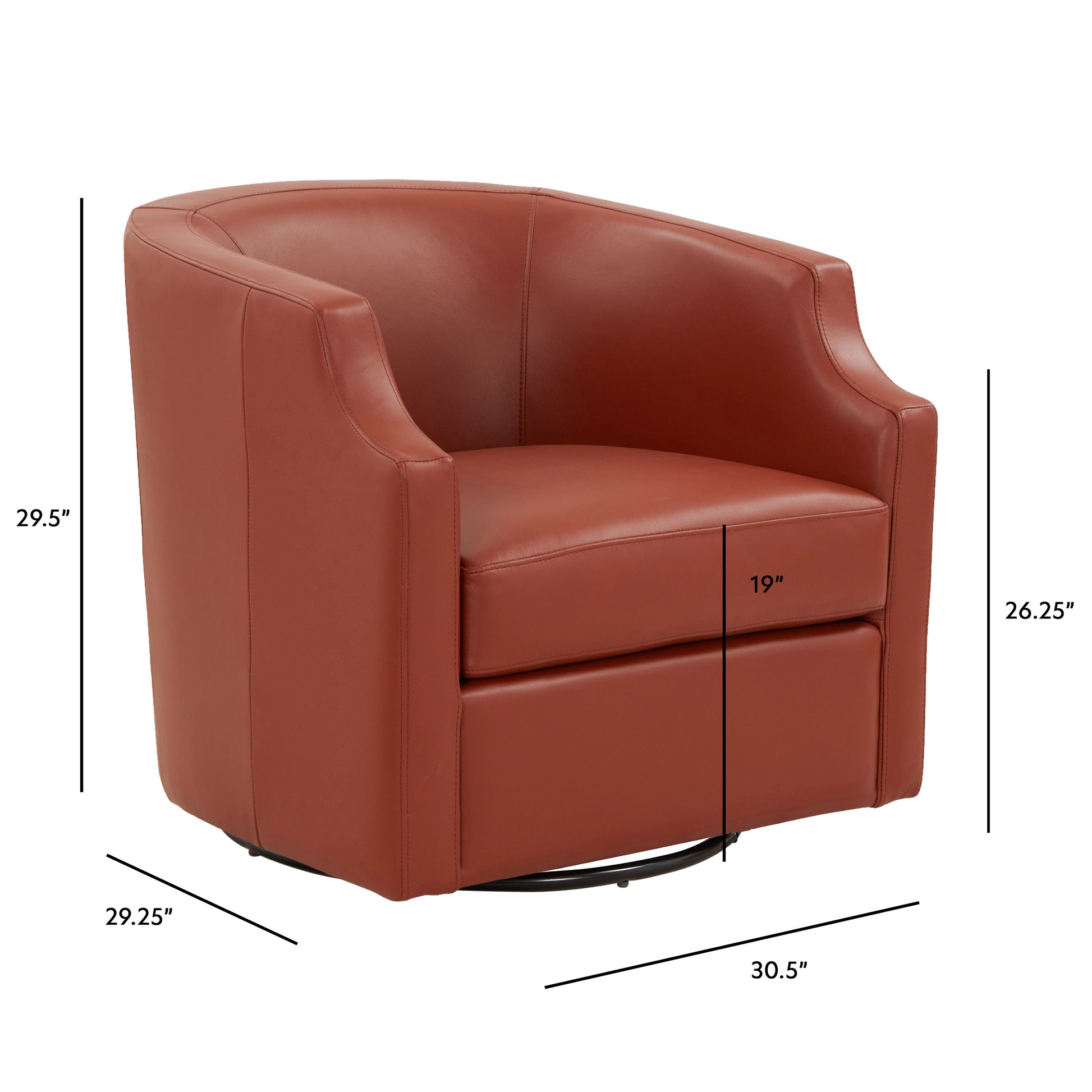 Terracotta leather swivel accent chair with curved arms and clean stitching
