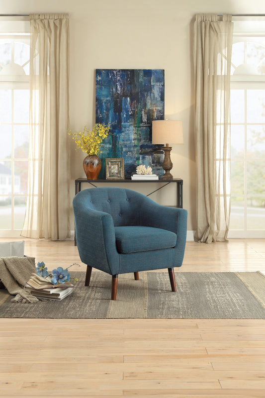 Tufted teal blue accent chair with wooden legs for modern living rooms
