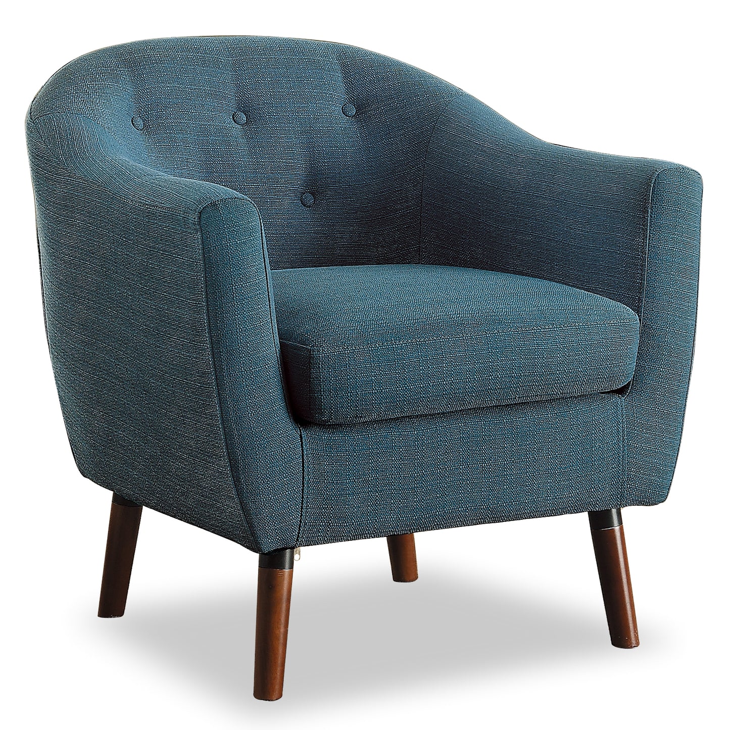 Tufted blue fabric accent chair with tapered wooden legs perfect for modern living rooms