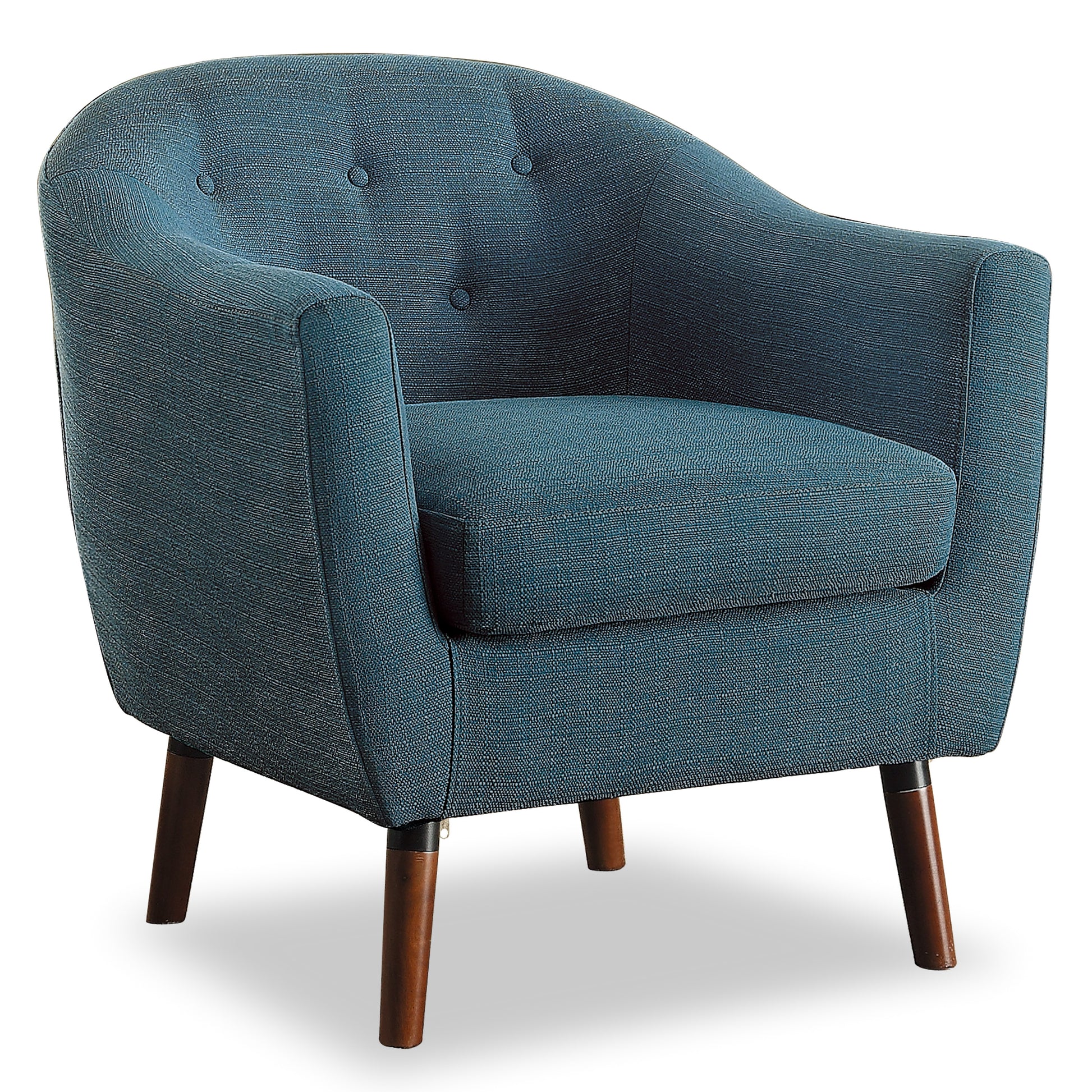 Tufted blue fabric accent chair with tapered wooden legs perfect for modern living rooms