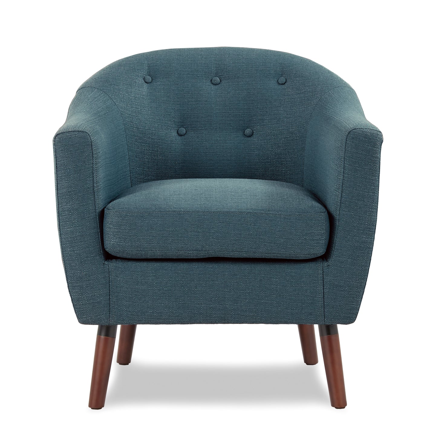 Tufted midcentury modern armchair in teal fabric with tapered wooden legs