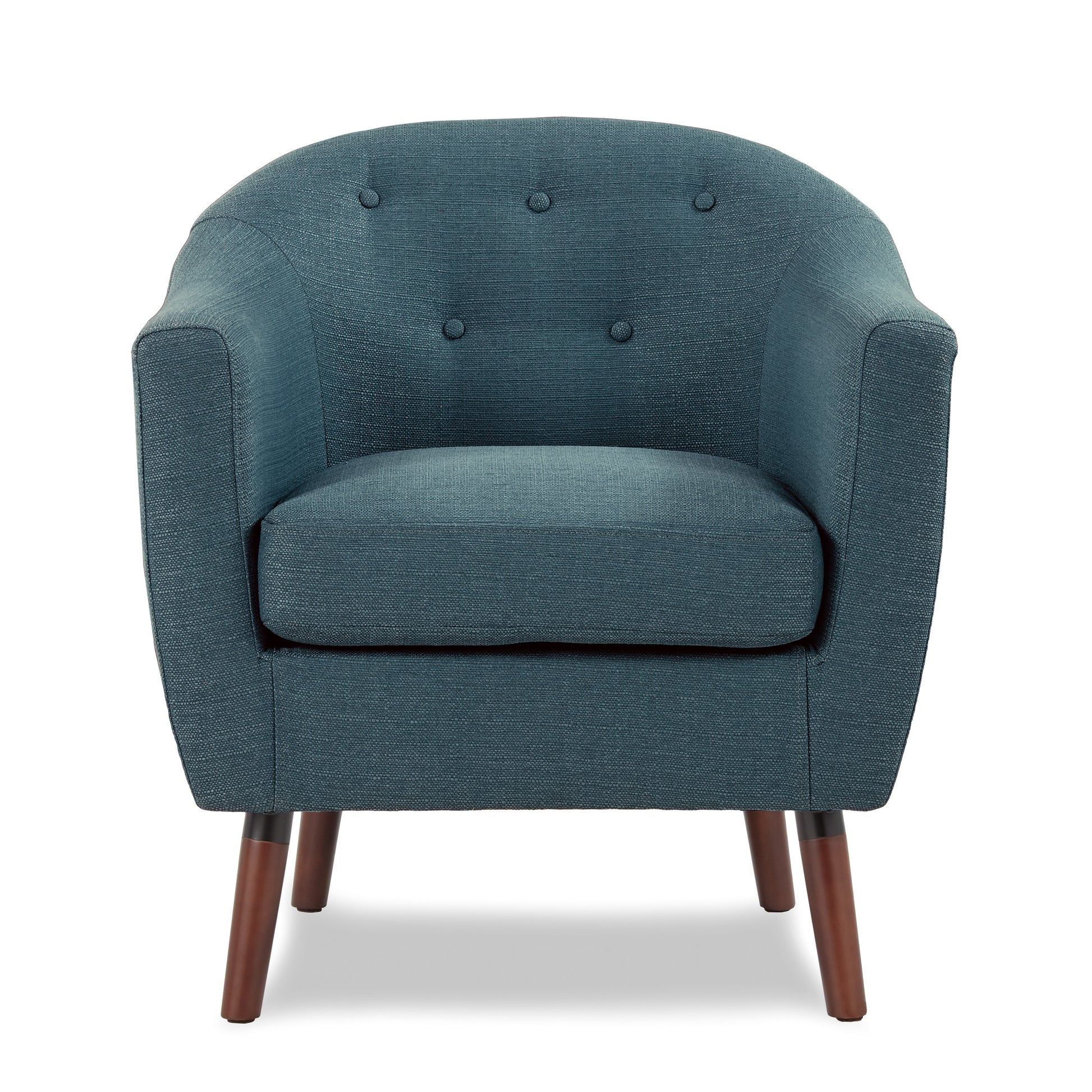 Tufted midcentury modern armchair in teal fabric with tapered wooden legs