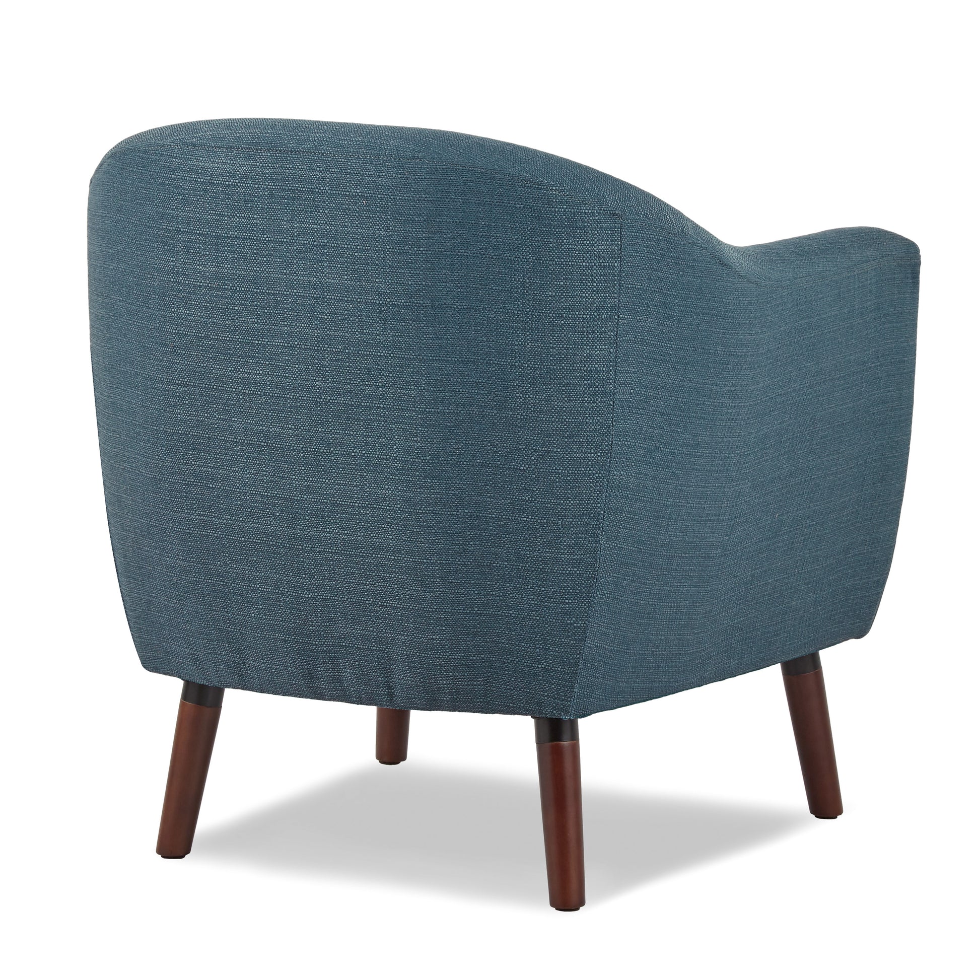 Blue textured accent chair with tapered wooden legs providing comfortable seating