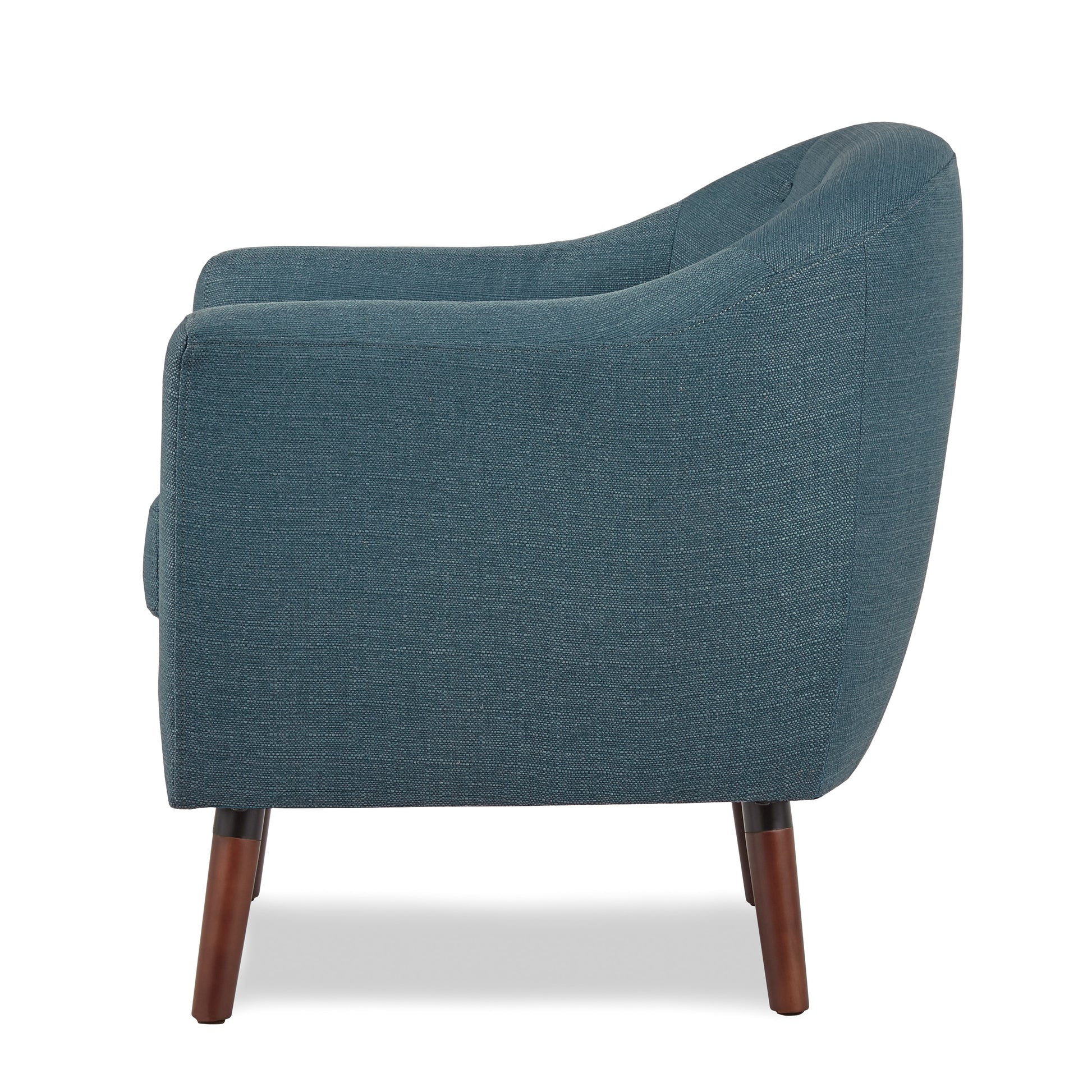 Side view of a teal upholstered accent chair with tapered wooden legs