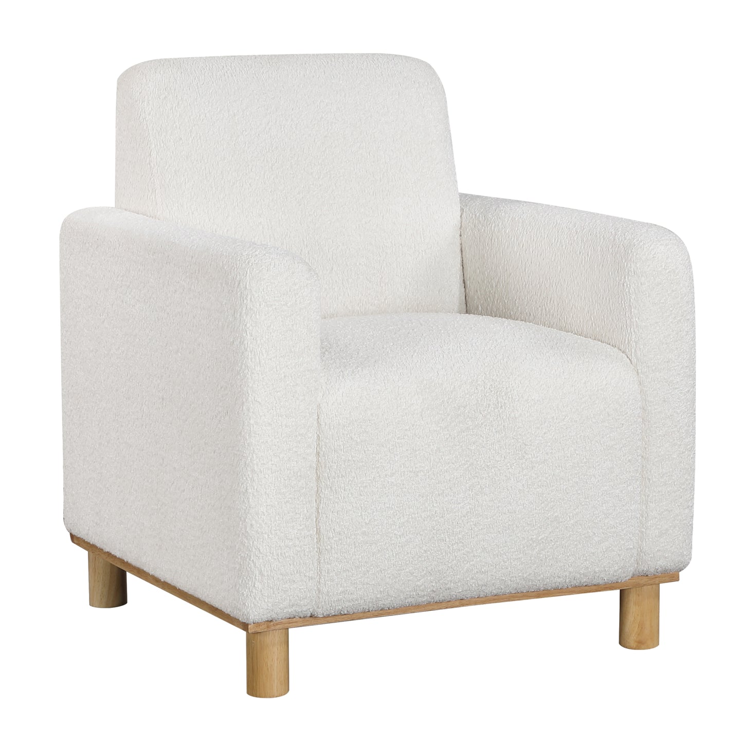 Plush white boucle armchair with rounded arms and natural wood legs for cozy living rooms