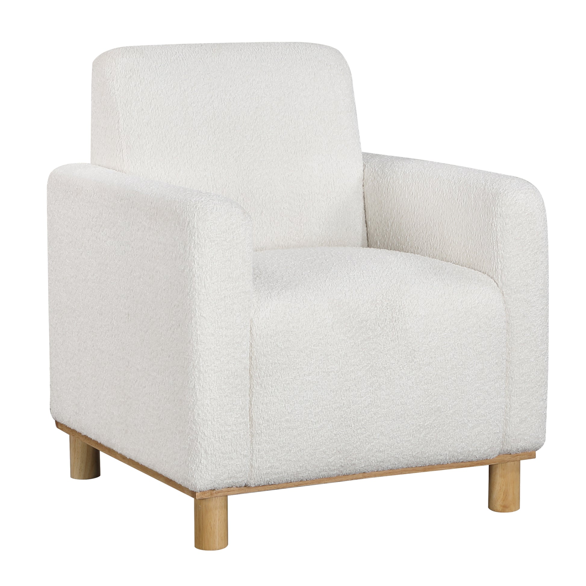 Plush white boucle armchair with rounded arms and natural wood legs for cozy living rooms