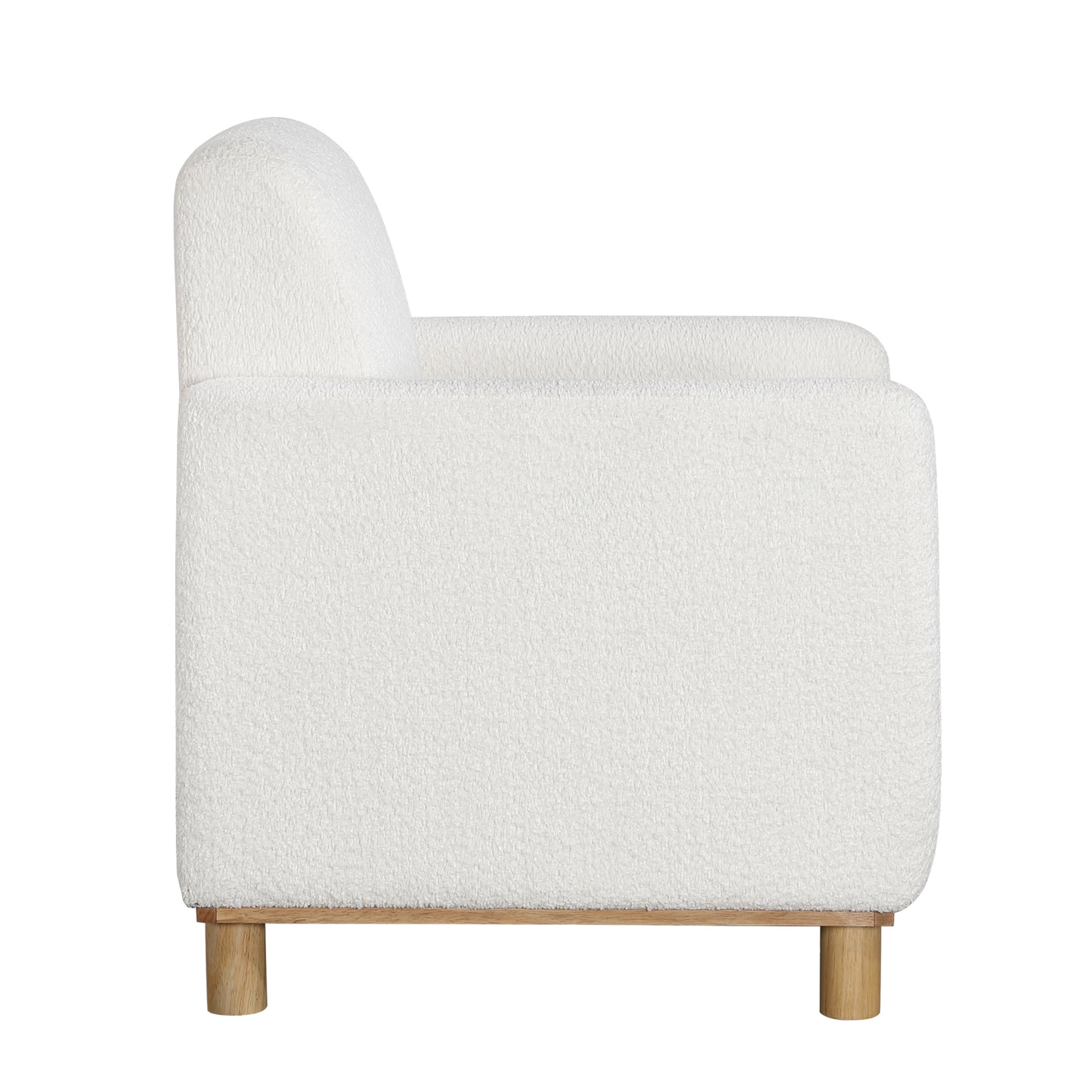 White boucle accent chair with rounded arms and natural wood legs