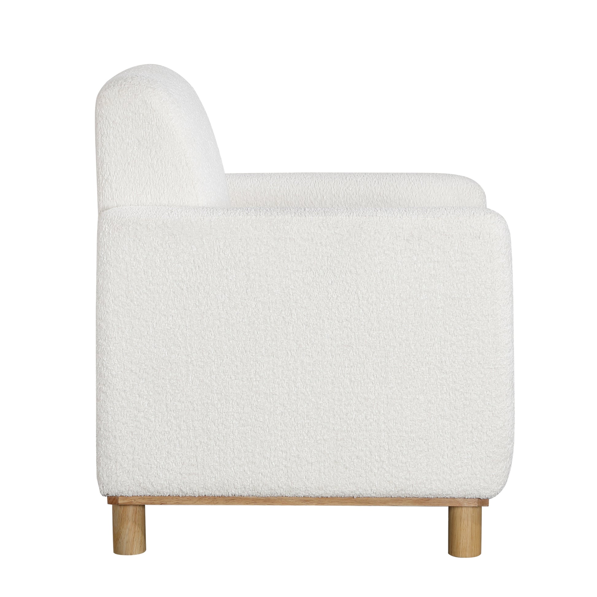 White boucle accent chair with rounded arms and natural wood legs
