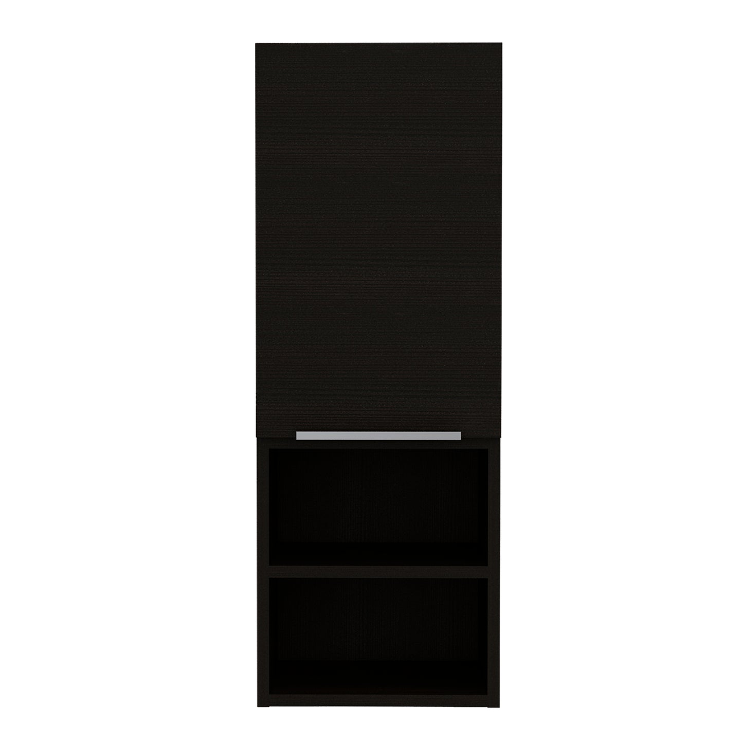 Black wall mounted cabinet with silver handle and two open shelves modern bathroom storage