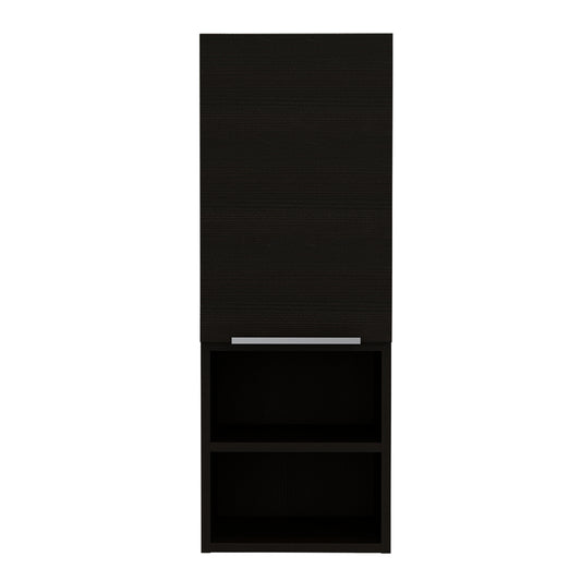 Black wall mounted cabinet with silver handle and two open shelves modern bathroom storage