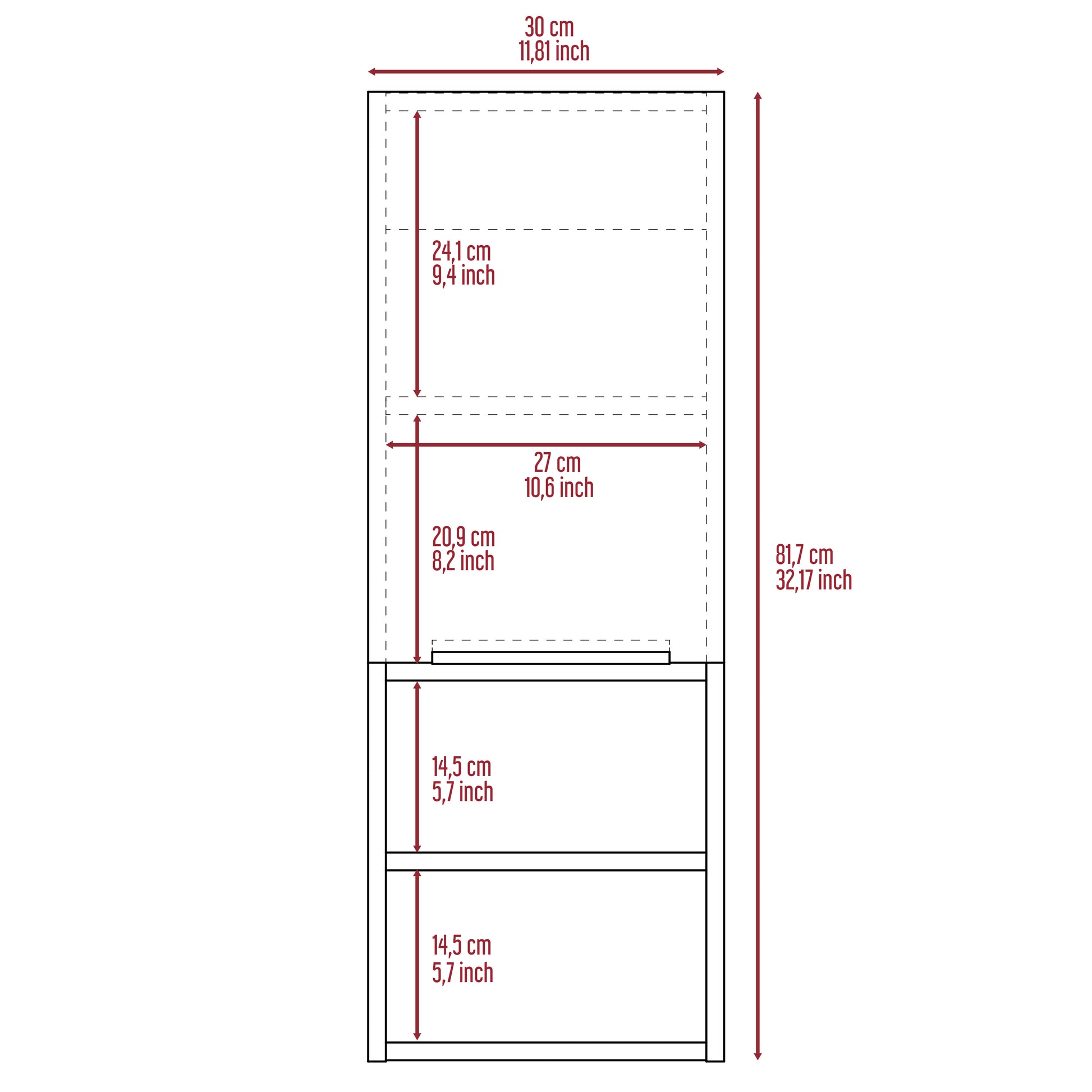 Diagram showing dimensions of a tall cabinet cm wide cm high with internal shelves