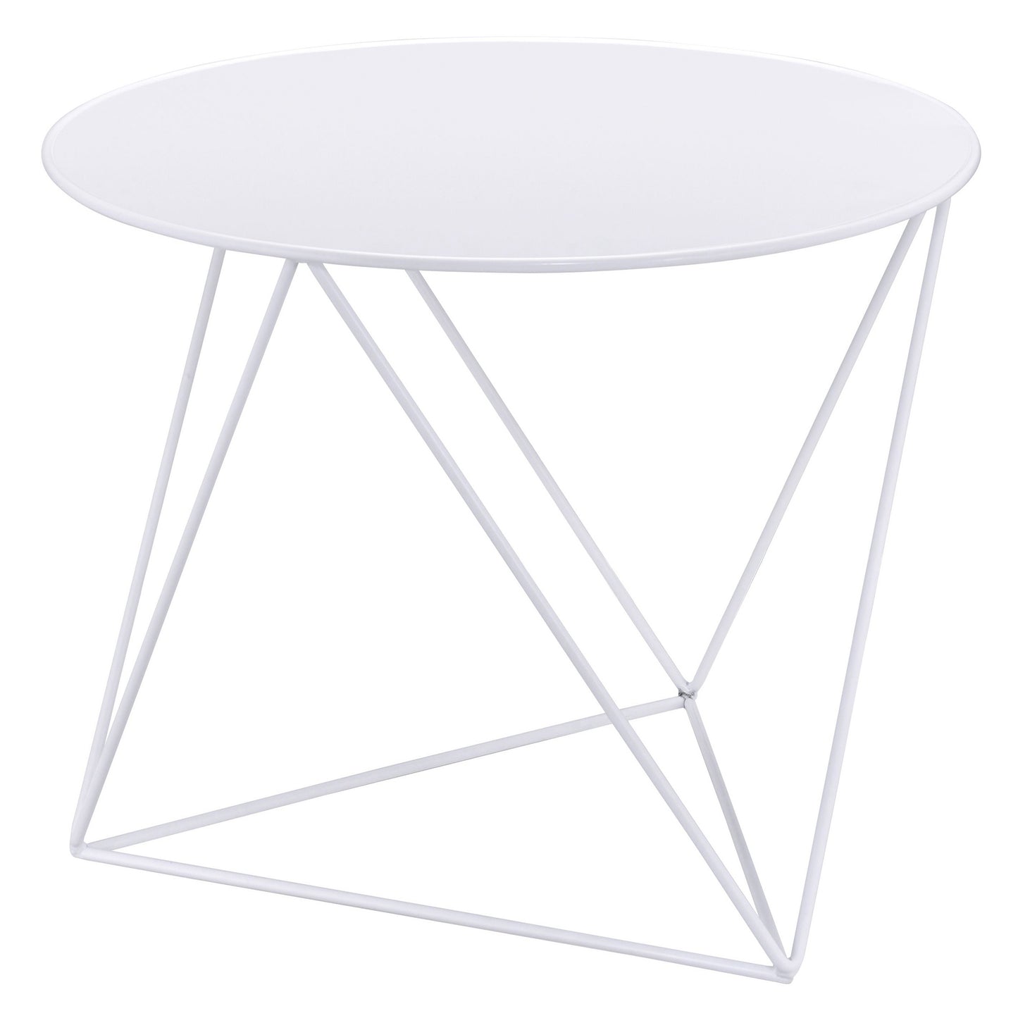 Minimalist white round coffee table with a geometric metal base