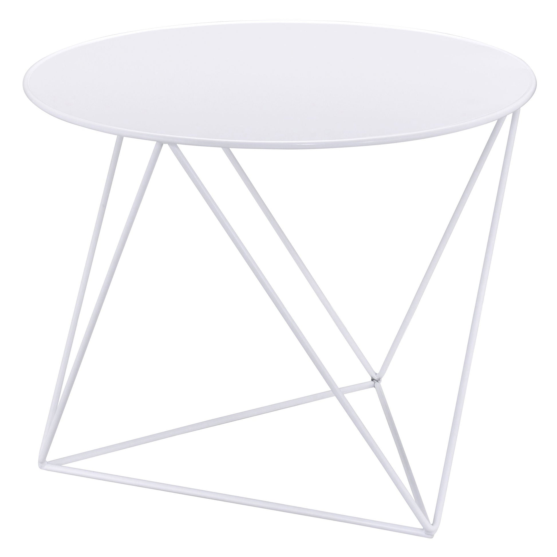 Minimalist white round coffee table with a geometric metal base