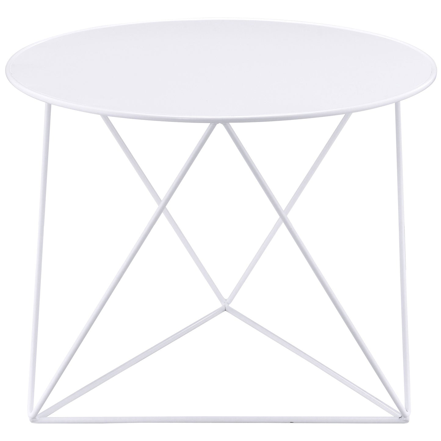 White round metal side table with a geometric base perfect for modern living rooms