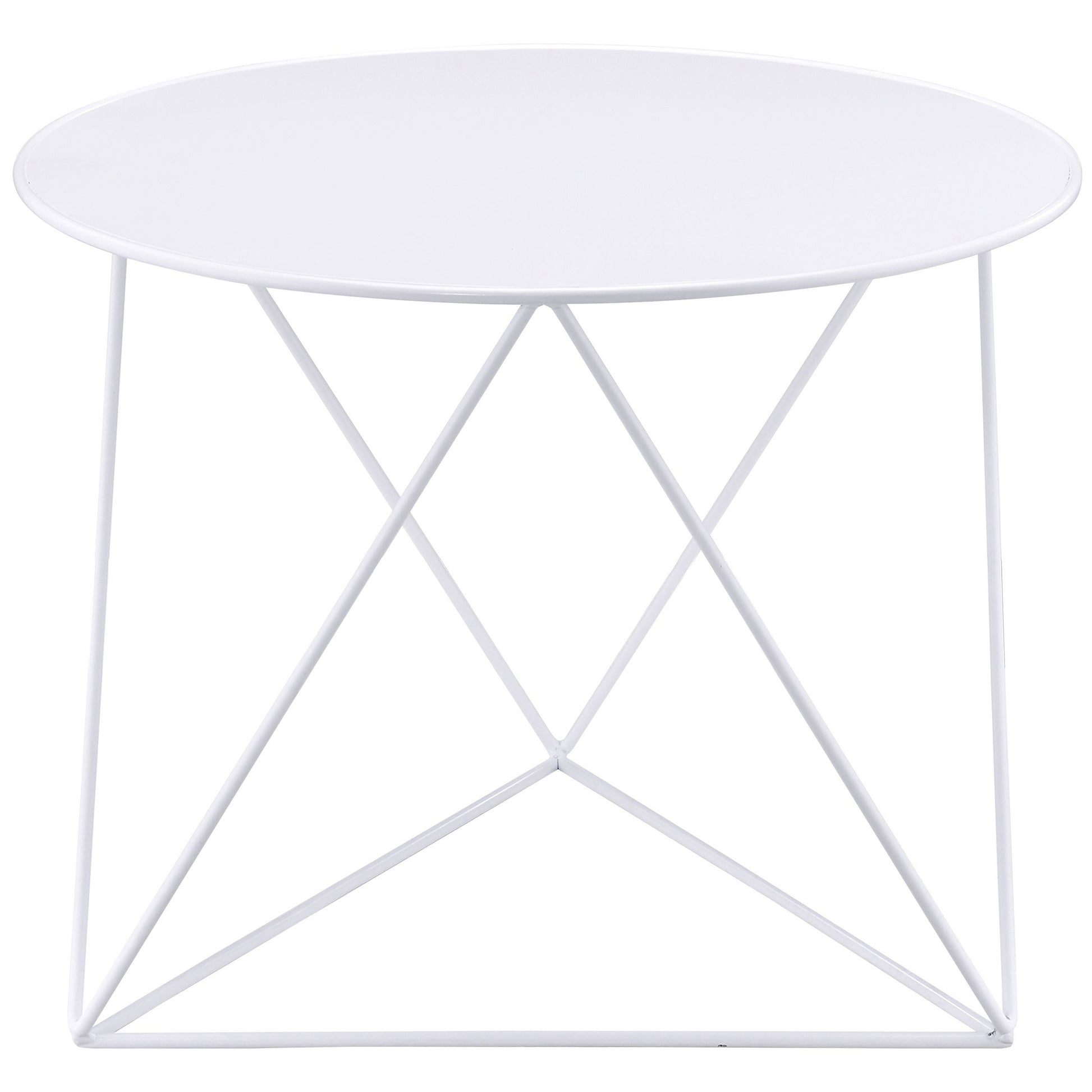 White round metal side table with a geometric base perfect for modern living rooms