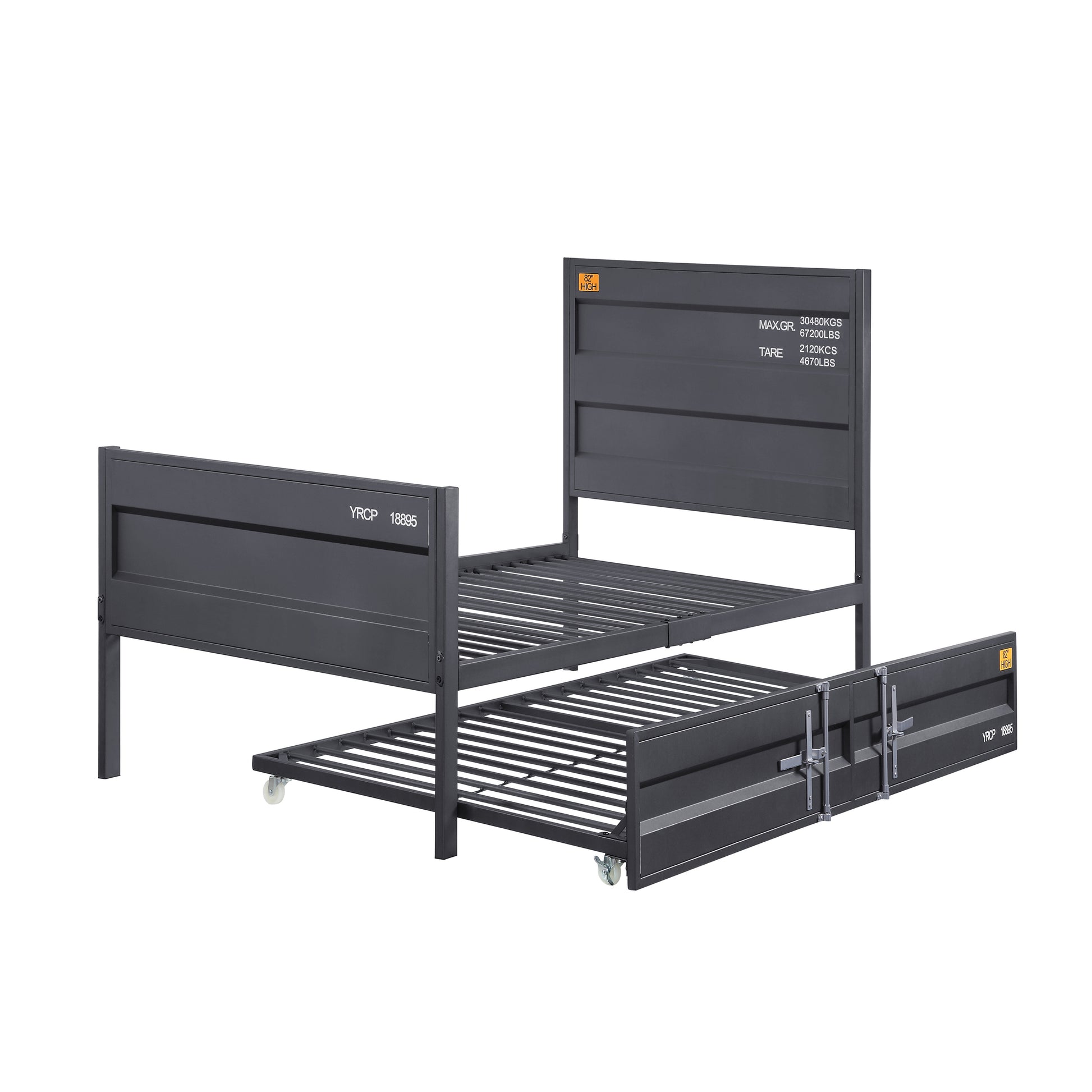 Dark gray metal twin bed frame with a pullout trundle bed on casters